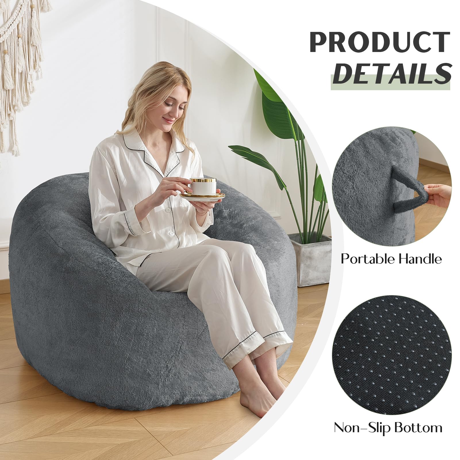 SHOUREN Large Bean Bag Chair,Sherpa Fabric Bean Bag Couch with Backrest,Comfy Bean Bag Sofa for Adults/Teens,Extra Soft Memory Foam Floor Sofa,Dark Grey - Medaid International