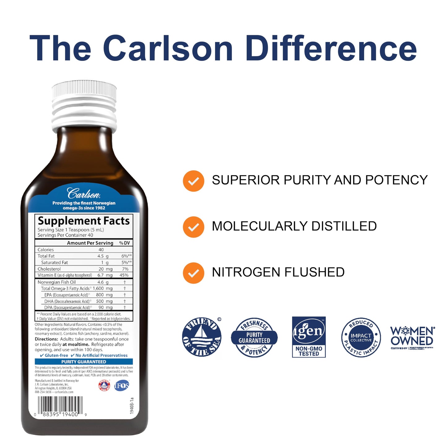 Carlson - The Very Finest Fish Oil, 1600 mg Omega-3s, Liquid Fish Oil Supplement, Norwegian Fish Oil, Wild-Caught, Sustainably Sourced Fish Oil Liquid, Just Peachie, 200 mL (6.7 Fl Oz) - Medaid International
