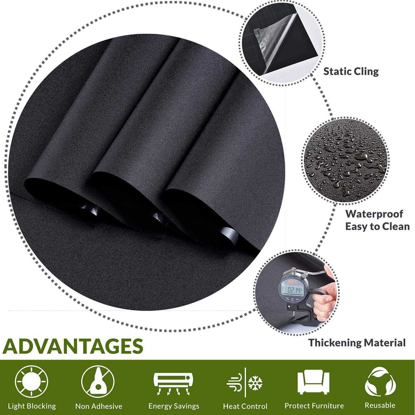 VELIMAX Static Cling Total Blackout Window Film Privacy Room Darkening Window Tint Black Window Cover 100% Light Blocking No Glue (17.7 x 78.7 inches) - Medaid International