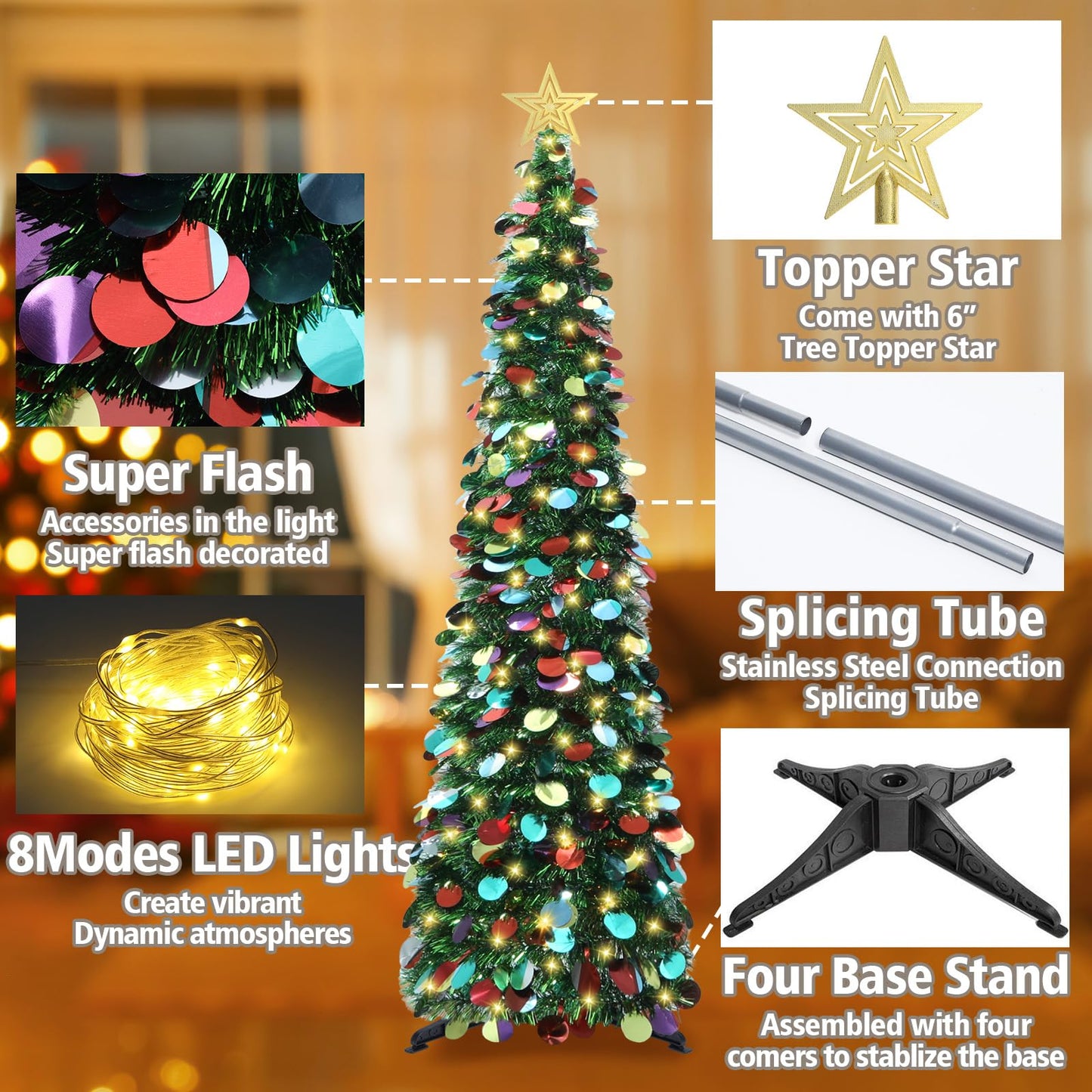 HMASYO 5 FT Pop Up Christmas Tree with Timer Lights, Green Christmas Tinsel Tree, Collapsible Artificial Pencil Christmas Tree for Indoor Home Apartment Porch Holiday Party Decorations - Medaid International