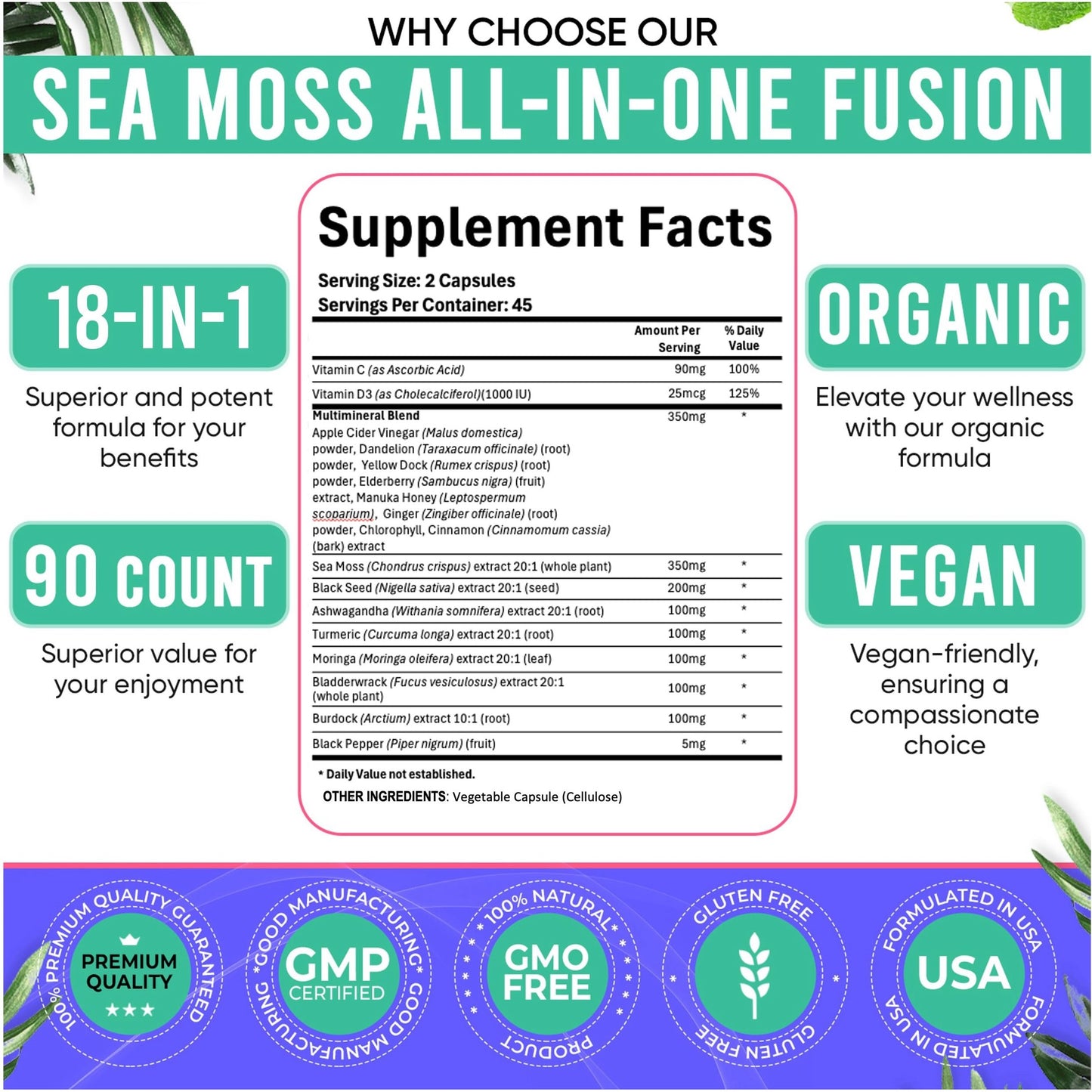 Adndale Sea Moss Black Seed Oil Ashwagandha Ginger Capsules. SeaMoss Capsules with Black Seed Oil, Ashwagandha, Turmeric, Moringa, Bladderwrack, Burdock Root, Manuka Honey, Cinnamon - Medaid International