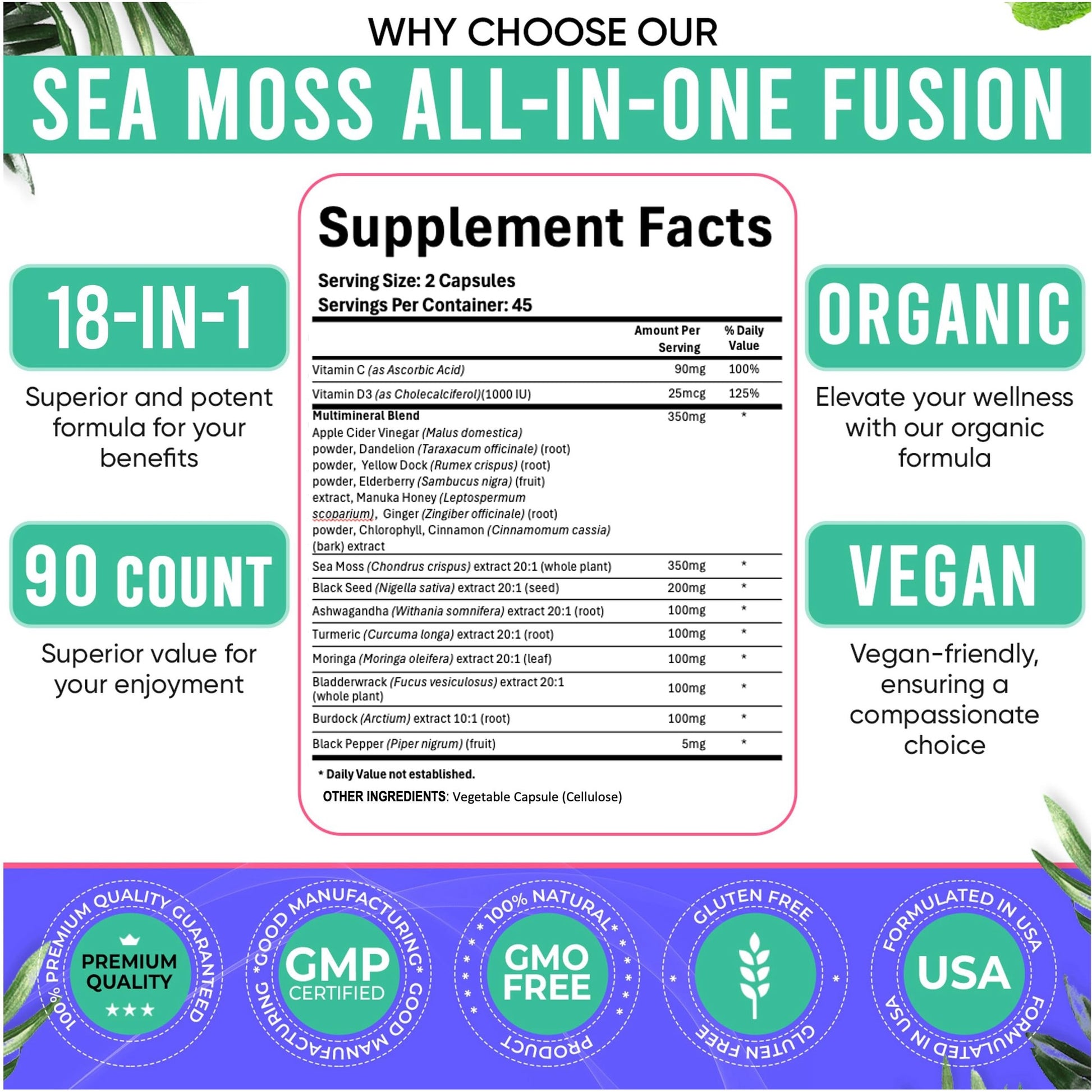 Adndale Sea Moss Black Seed Oil Ashwagandha Ginger Capsules. SeaMoss Capsules with Black Seed Oil, Ashwagandha, Turmeric, Moringa, Bladderwrack, Burdock Root, Manuka Honey, Cinnamon - Medaid International