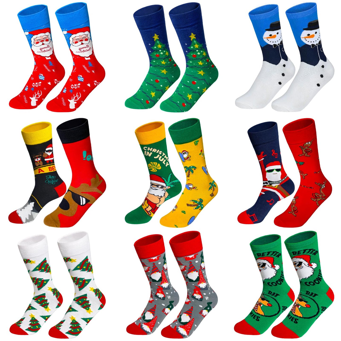 SUNOVELTIES Christmas Socks for Women/Men, 9 Pairs Funny Xmas Pattern Soft Winter Socks Bulk Novelty Cotton Crew Holiday Gifts - Medaid International