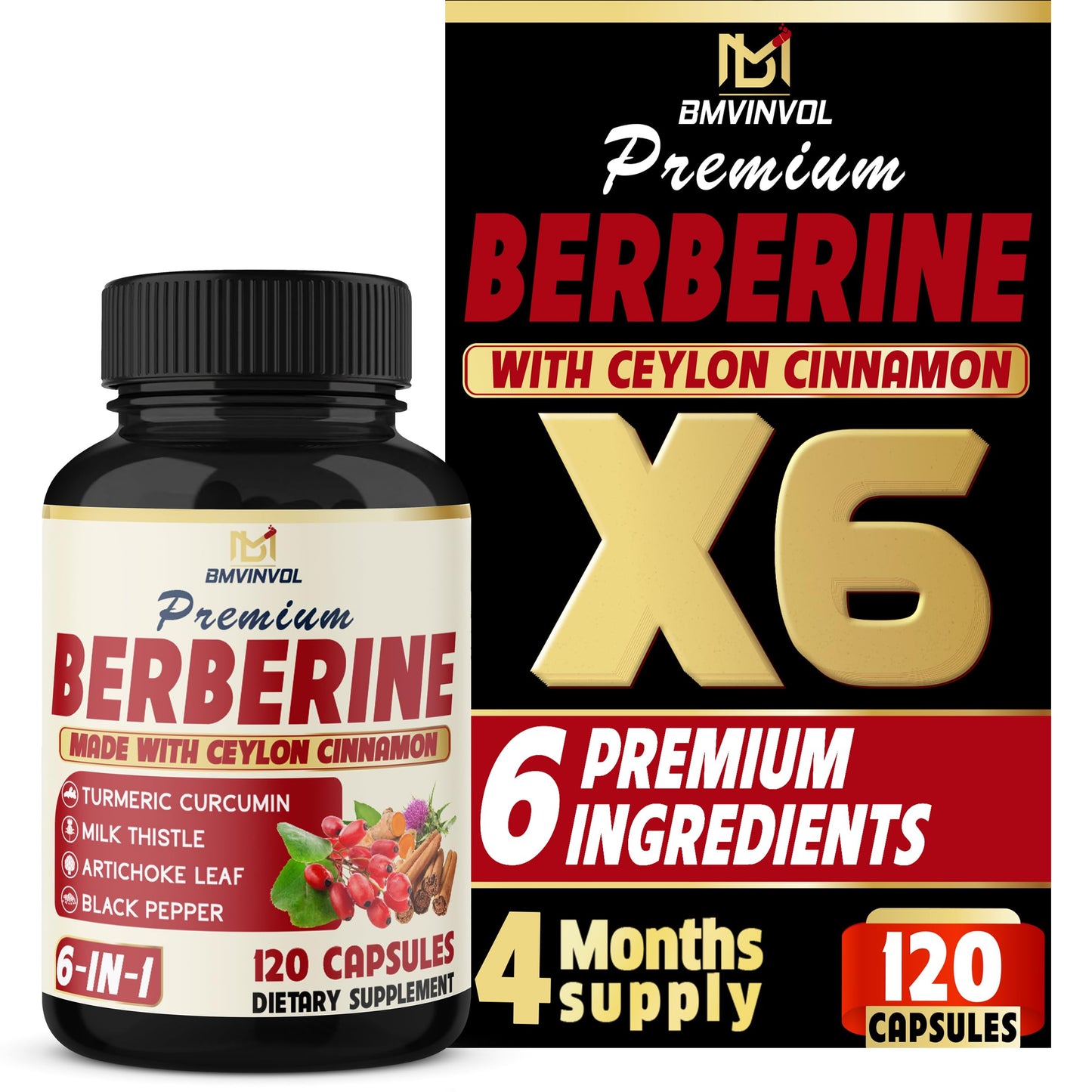 BMVINVOL 6in1 Berberine Supplement with Ceylon Cinnamon, Tumeric Root, Milk Thistle, Artichoke, Black Pepper -120 Capsules for 4 Month Supply - Medaid International