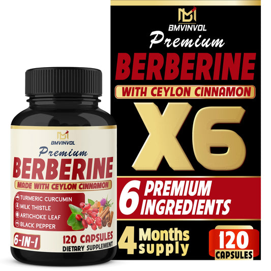 BMVINVOL 6in1 Berberine Supplement with Ceylon Cinnamon, Tumeric Root, Milk Thistle, Artichoke, Black Pepper -120 Capsules for 4 Month Supply - Medaid International