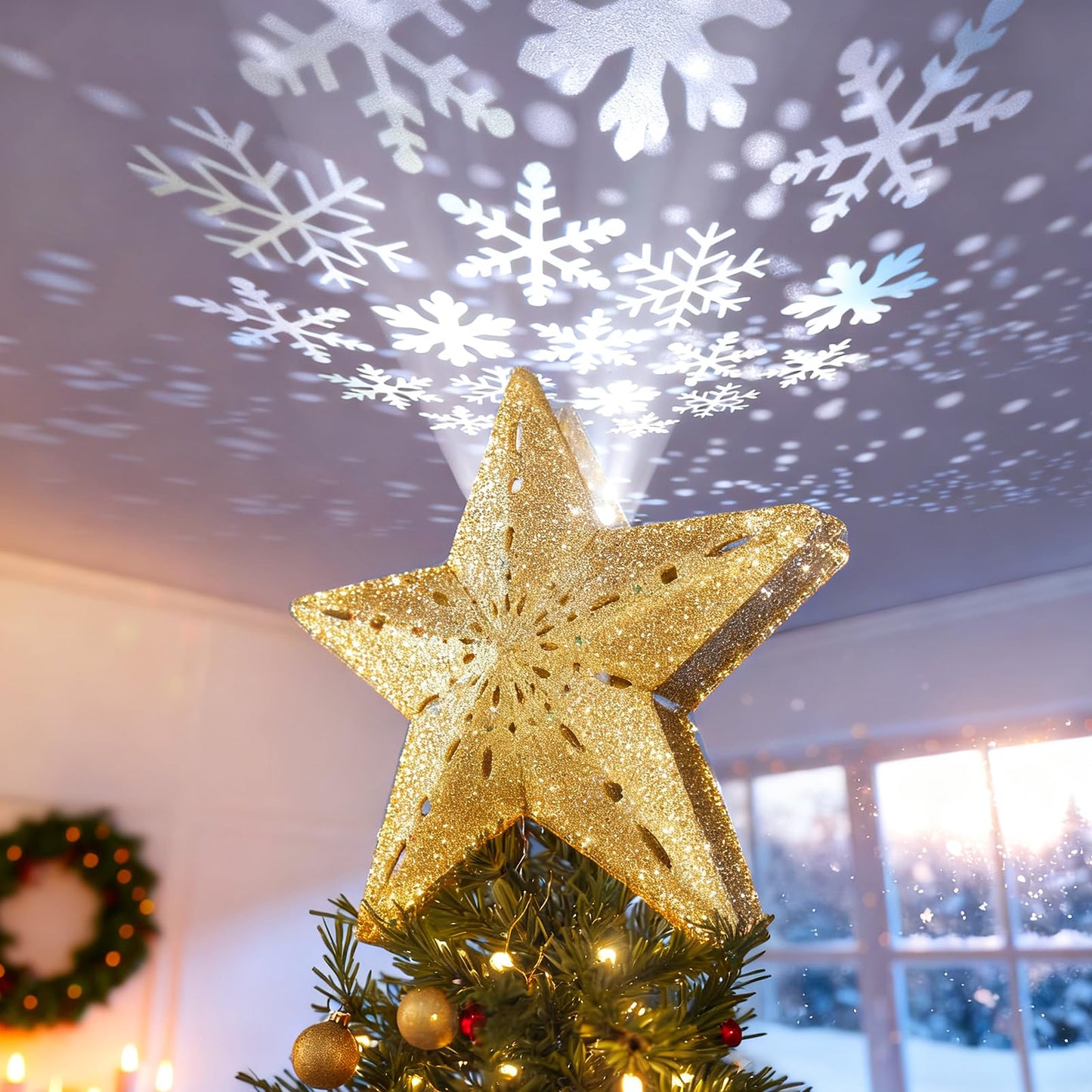 DG-Direct Christmas Tree Topper Lighted Star [Gold],3D Hollow Sparkling Star Christmas Tree Topper with Rotating Magic Cool White Snowflake Projector for Christmas Tree Ornament (Gold) - Medaid International