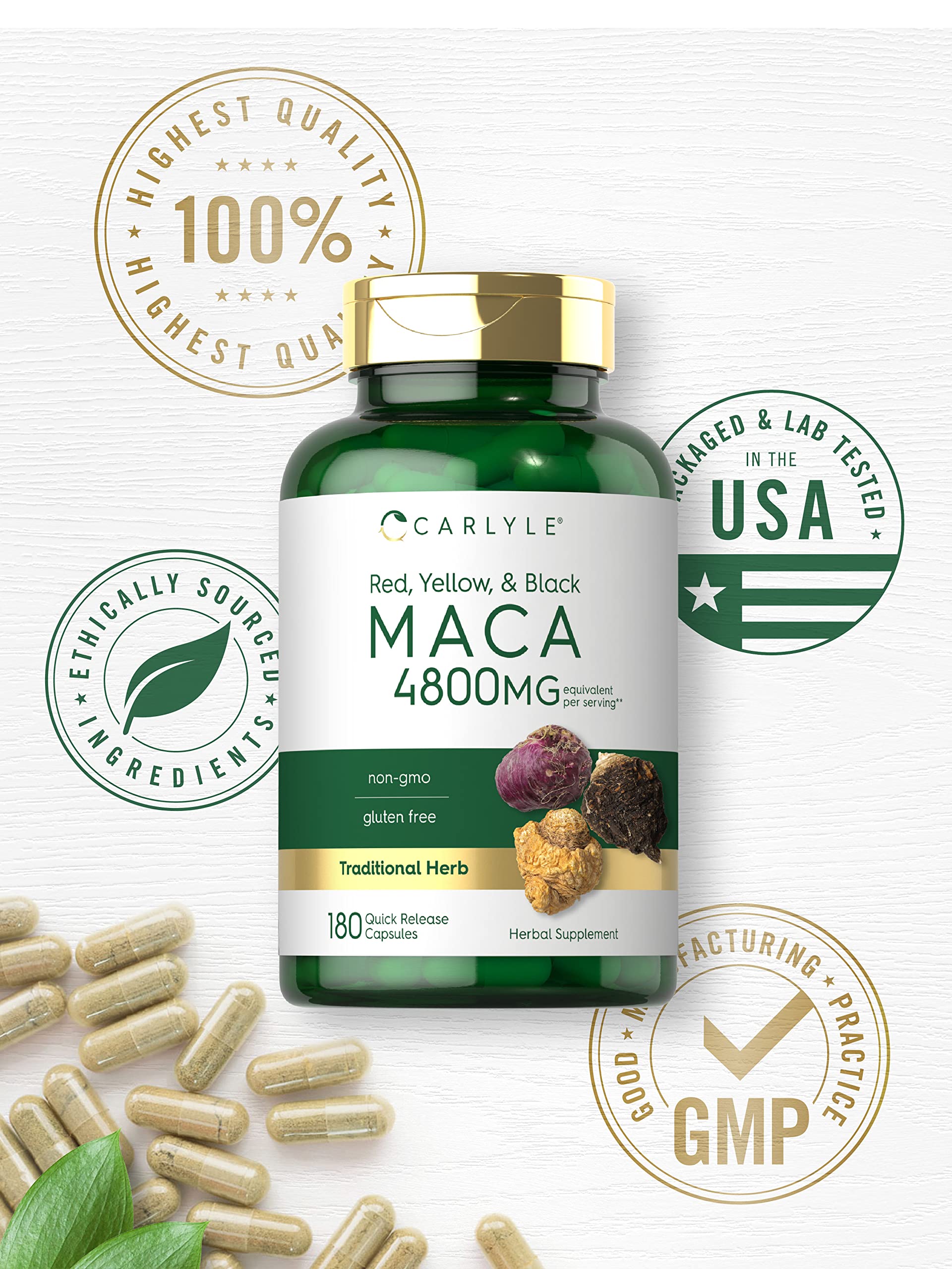 Carlyle Maca Root Capsules for Women & Men | 4800 mg | 180 Count | High Potency Extract | Non-GMO & Gluten Free Supplement - Medaid International