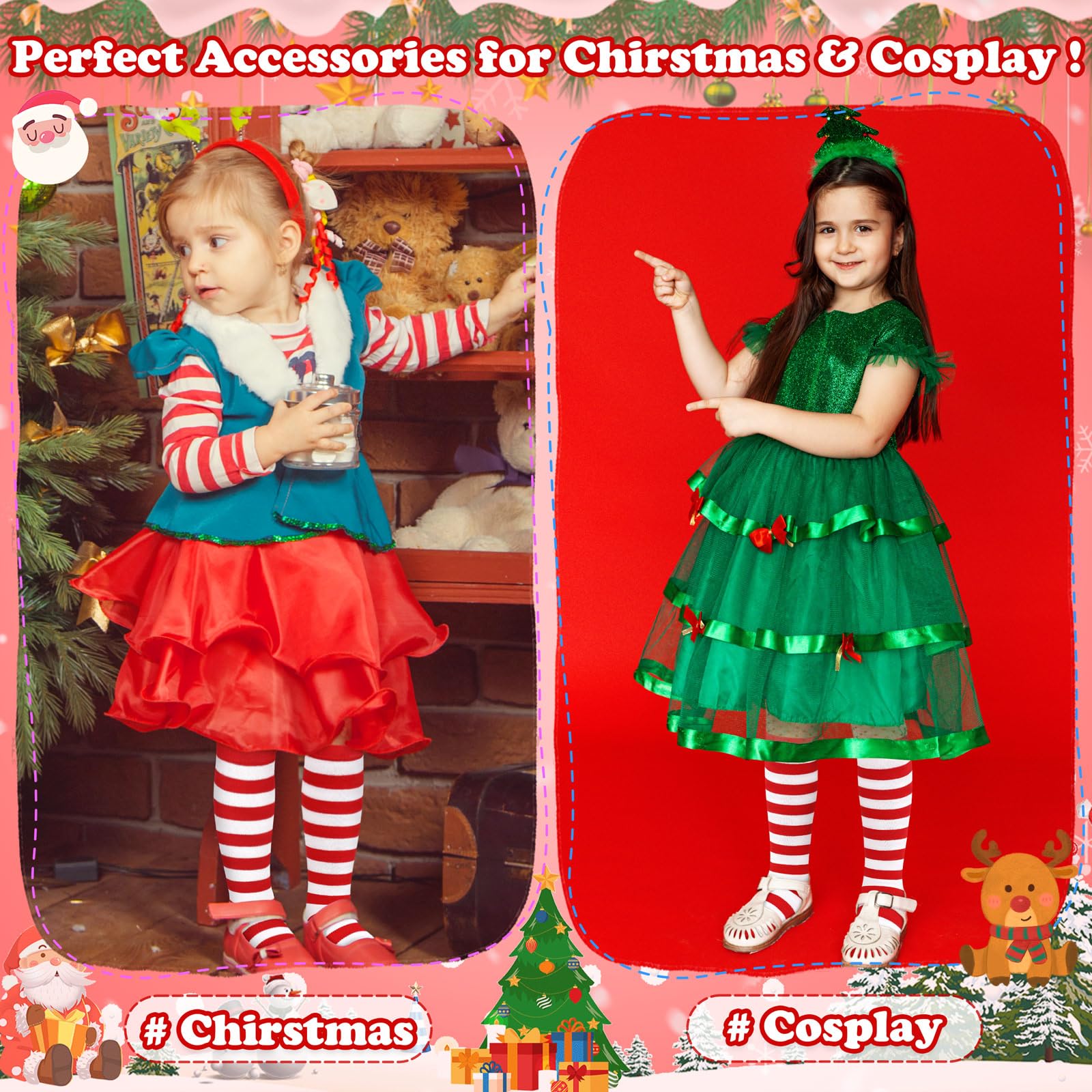 Kids Christmas Socks for Kids Red and White Striped Socks Toddler Christmas Sock Girls Long Sock Halloween Accessories - Medaid International