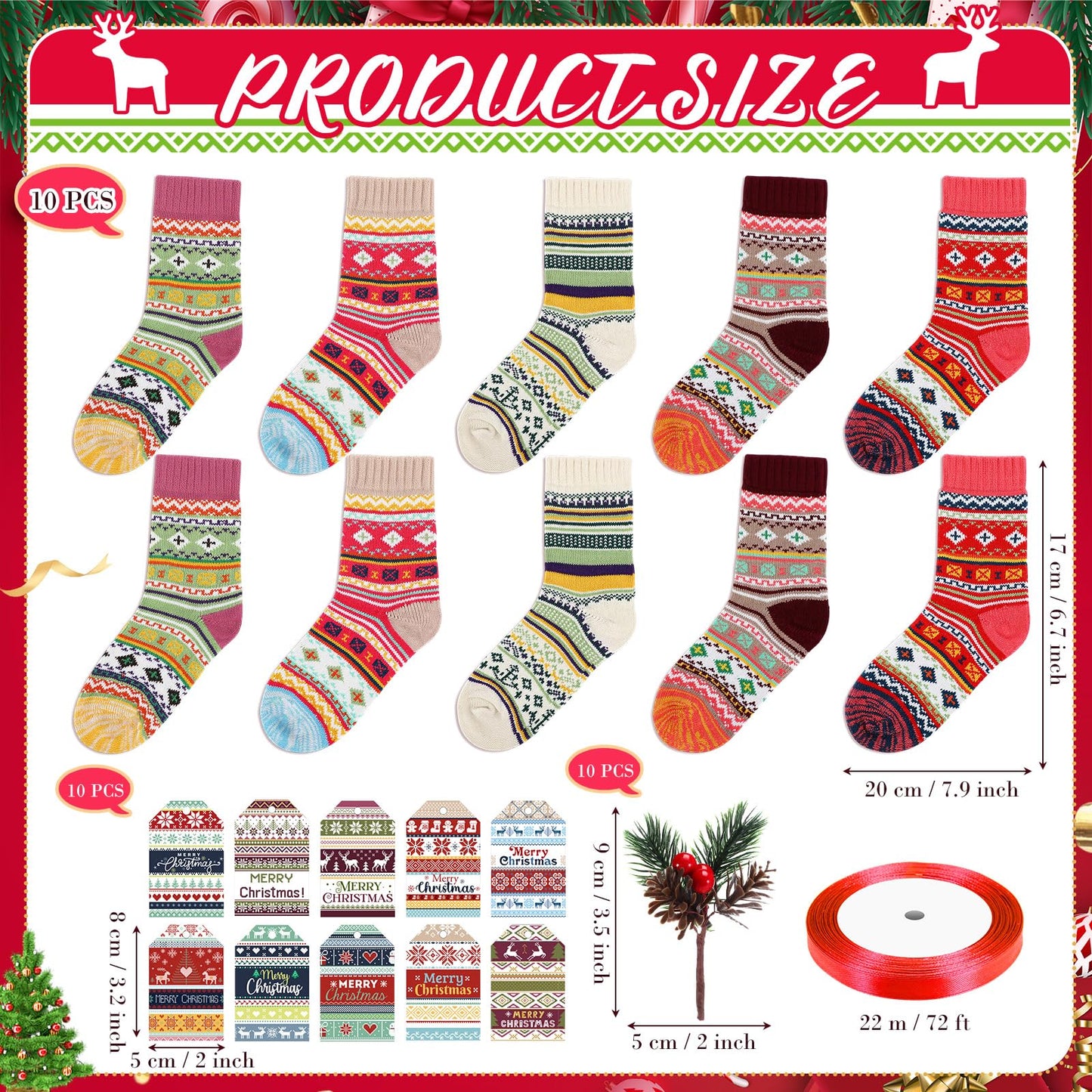 Capoda 10 Set Christmas Socks Gift Set for Women Merry Christmas Fair Isle Fuzzy Ugly Sweater Socks with Cards Pine Cones Xmas Tree Ornament for Winter Holiday Stocking Stuffers - Medaid International