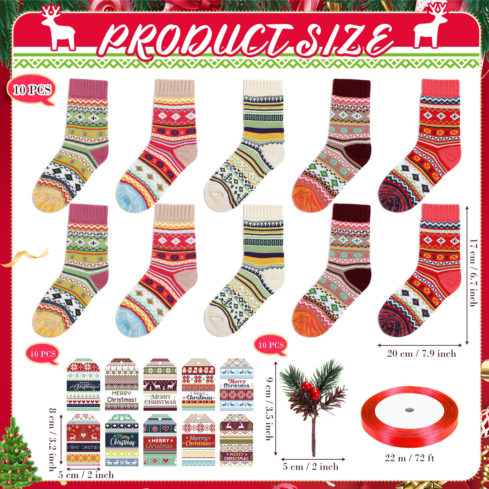 Capoda 10 Set Christmas Socks Gift Set for Women Merry Christmas Fair Isle Fuzzy Ugly Sweater Socks with Cards Pine Cones Xmas Tree Ornament for Winter Holiday Stocking Stuffers - Medaid International