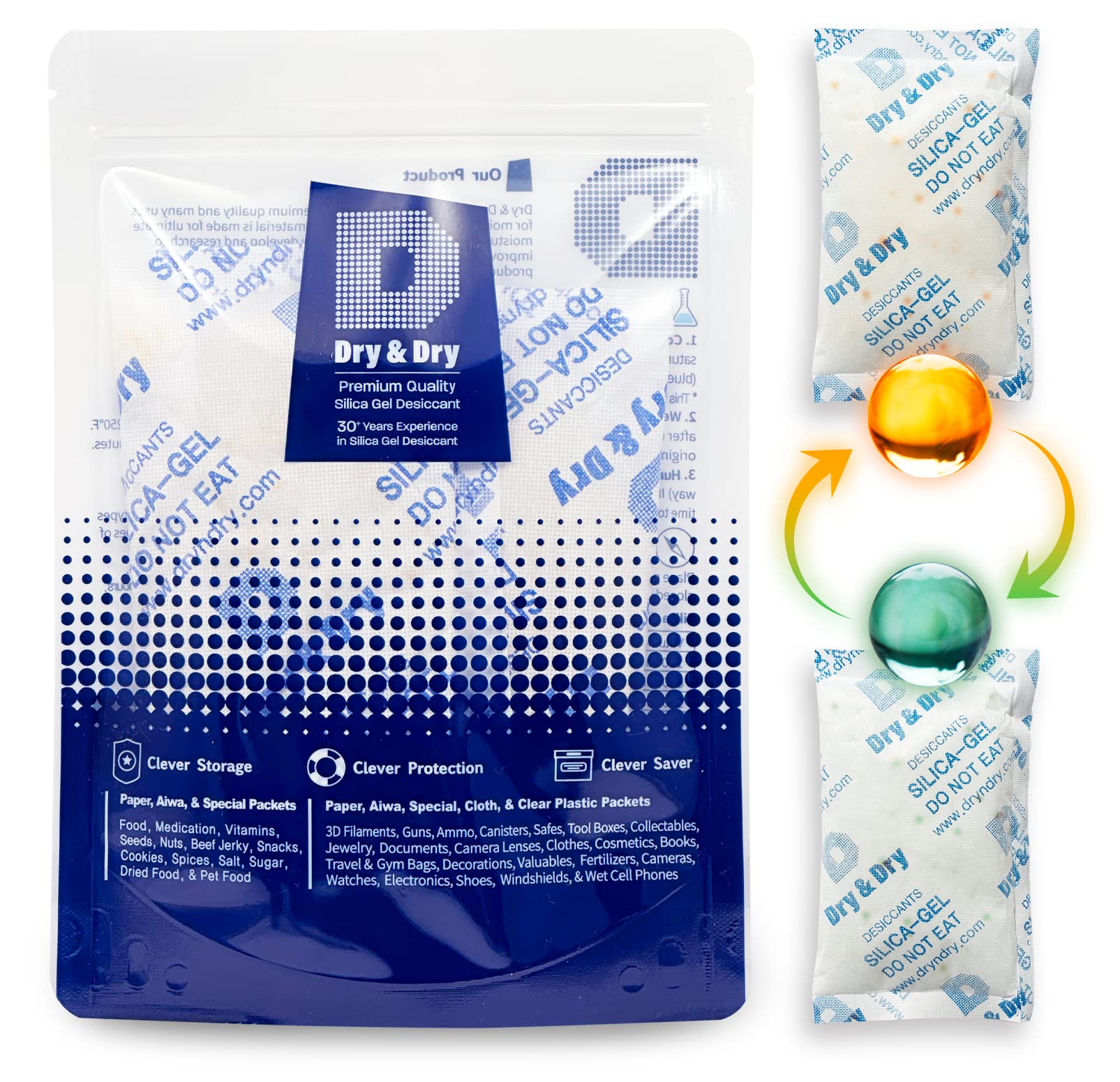 Dry & Dry Orange Indicating(Orange to Dark Green) Mixed Silica Gel Packets - Food Safe Rechargeable Silica Desiccants Gel Packs - 5 Packs (100 Gram) - Medaid International