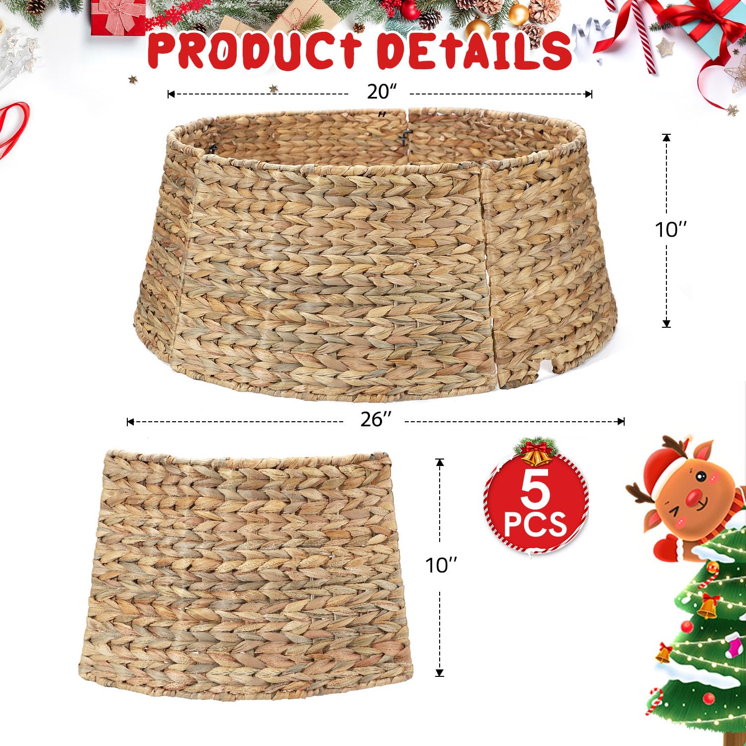 5-Piece Rattan Christmas Tree Collar - 26" Rustic Farmhouse Tree Skirt- Xmas Tree Base Cover for Christmas Decoration- Woven Holiday Tree Ring Accessory for Home, Living Room (Natural, 26 in) - Medaid International