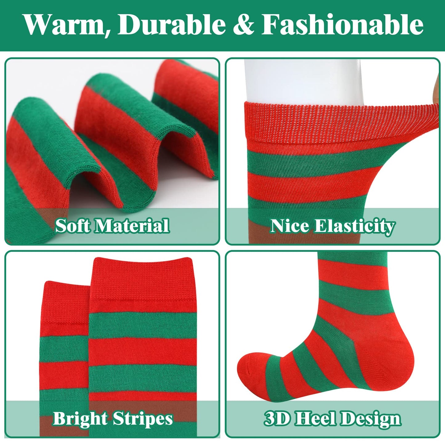 Red Christmas Knee High Socks Women Striped Sock Elf Costumes Christmas Sock Women Red and Green Striped Knee High Socks - Medaid International