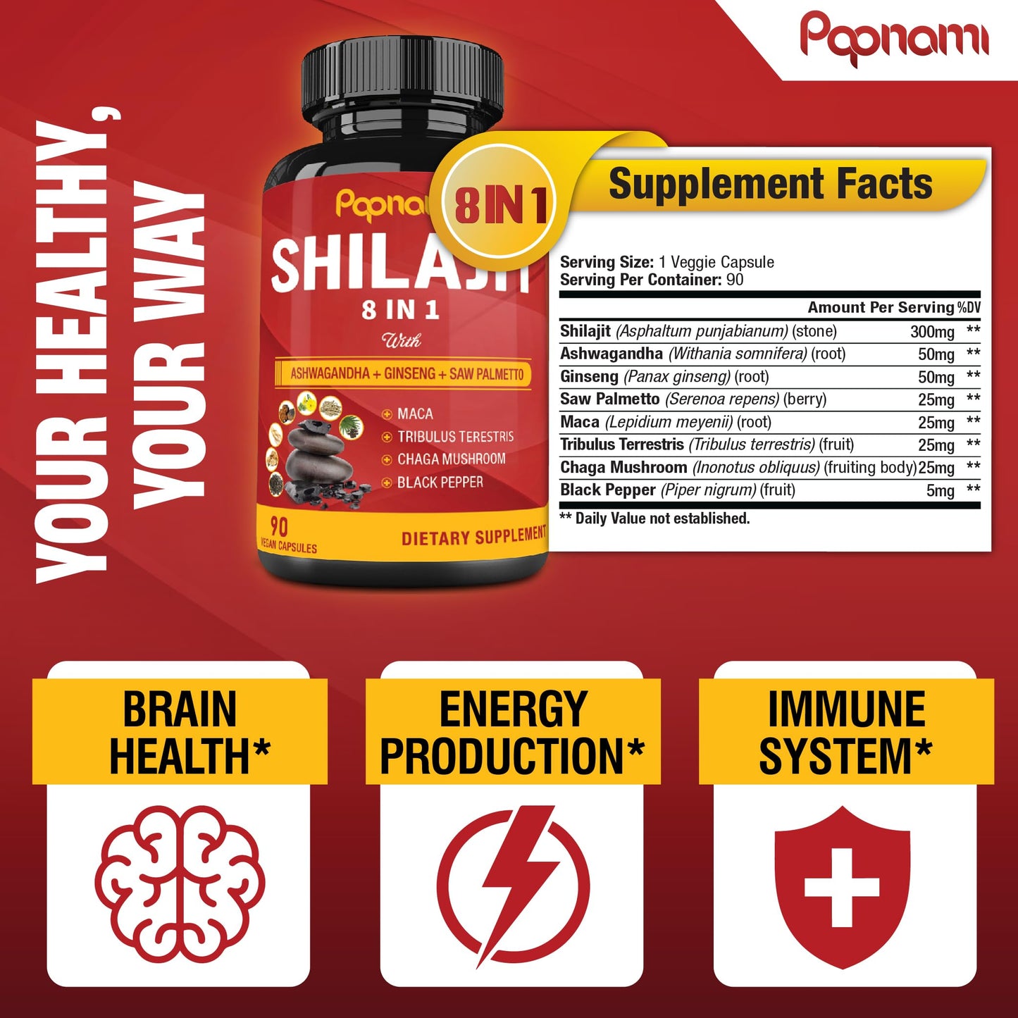 Shilajit Himalayan Capsules - 3 Month Supply - Combined Ashwagandha, Ginseng, Saw Palmetto, Maca, Tribulus, Chaga, Black Pepper - Medaid International
