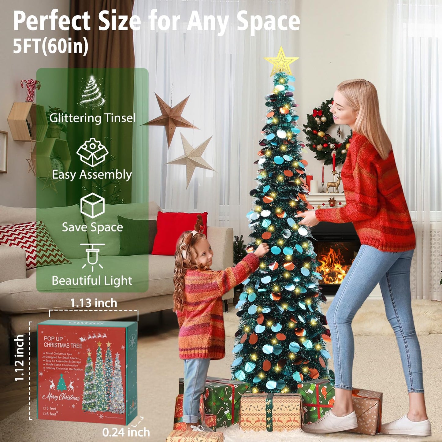 HMASYO 5 FT Pop Up Christmas Tree with Timer Lights, Blue Christmas Tinsel Tree, Collapsible Artificial Pencil Christmas Tree for Indoor Home Apartment Porch Holiday Party Decorations - Medaid International