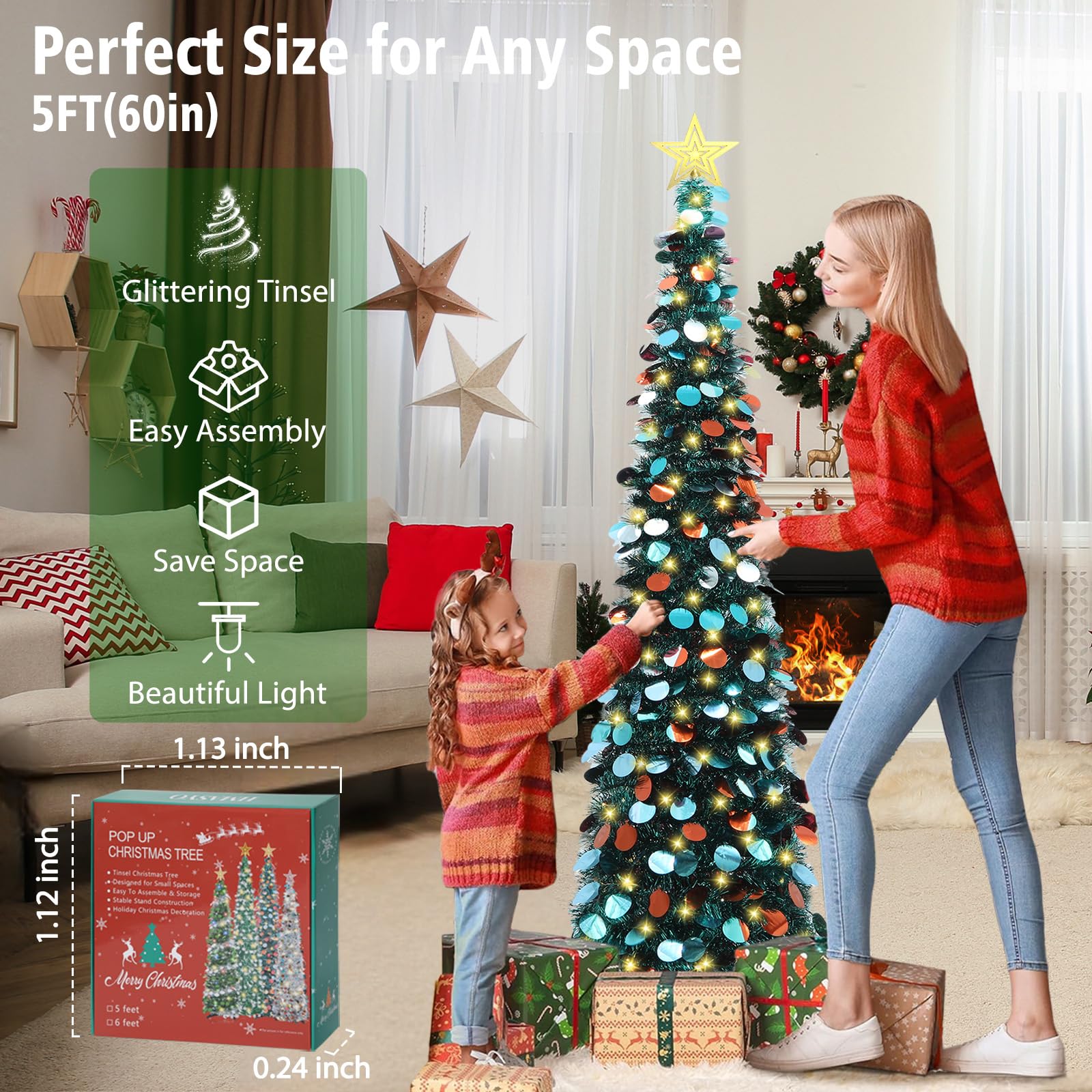 HMASYO 5 FT Pop Up Christmas Tree with Timer Lights, Blue Christmas Tinsel Tree, Collapsible Artificial Pencil Christmas Tree for Indoor Home Apartment Porch Holiday Party Decorations - Medaid International