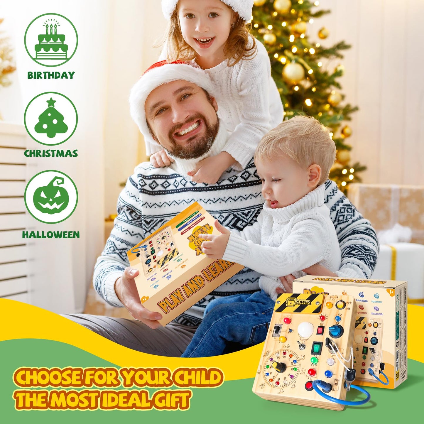 Iabedi Busy Board, Montessori Toy for 1-3 Years Old, Wooden Toddler Sensory Travel Toy, Ideal Gift for 1+ Year Old Boys (Busy Board Plus V2), Medium, Yellow - Medaid International