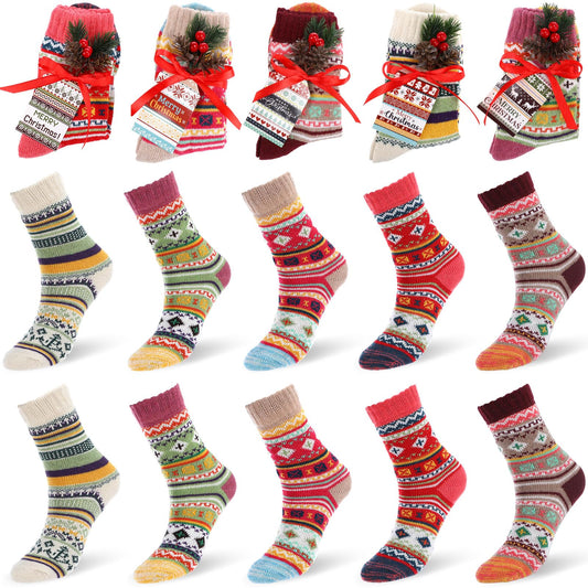 Capoda 10 Set Christmas Socks Gift Set for Women Merry Christmas Fair Isle Fuzzy Ugly Sweater Socks with Cards Pine Cones Xmas Tree Ornament for Winter Holiday Stocking Stuffers - Medaid International