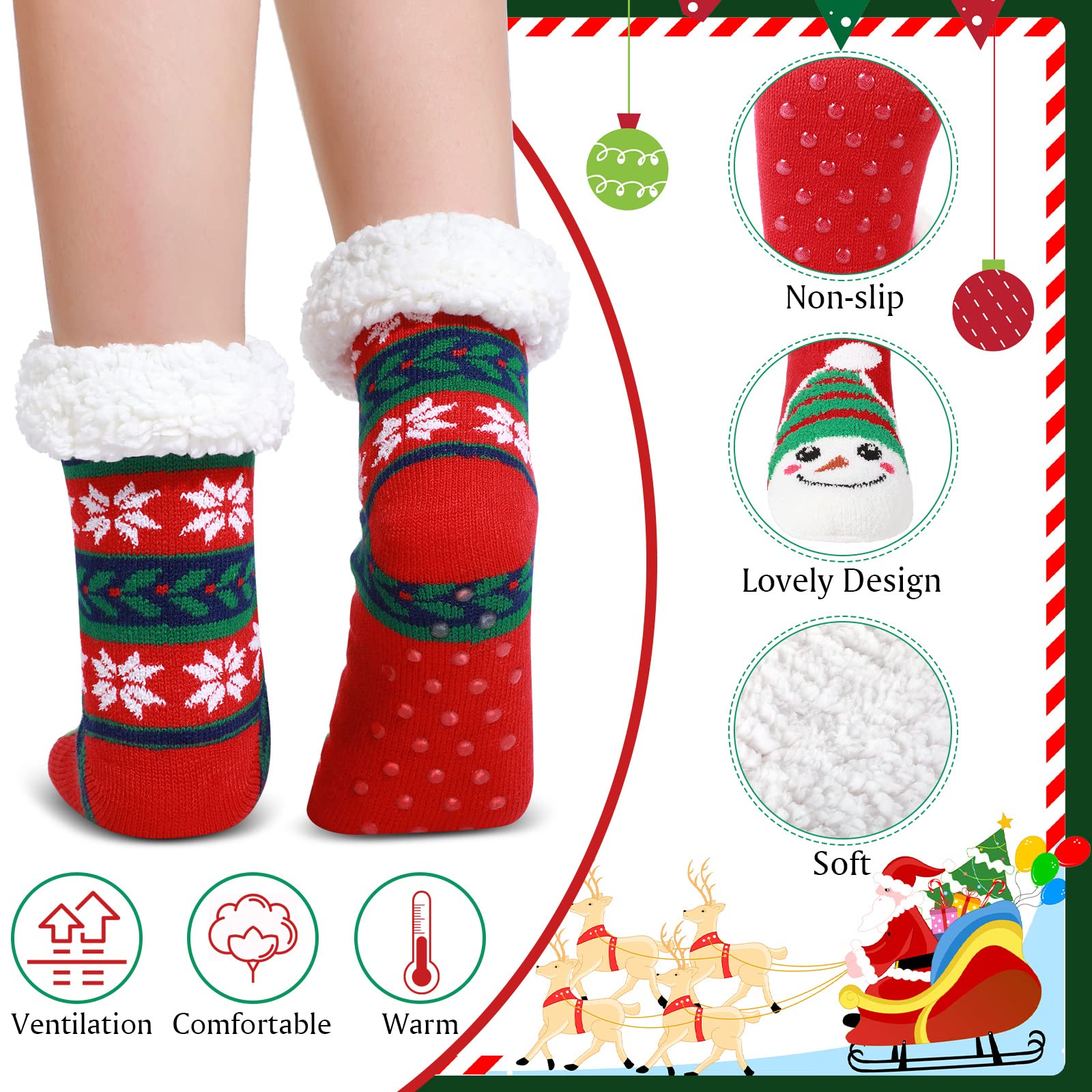 Sintege 3 Pairs Women Christmas Slipper Socks Winter Soft Warm Fuzzy Plush Cozy Fleece Lined Non Slip Christmas Socks Gifts(Fresh Style) - Medaid International