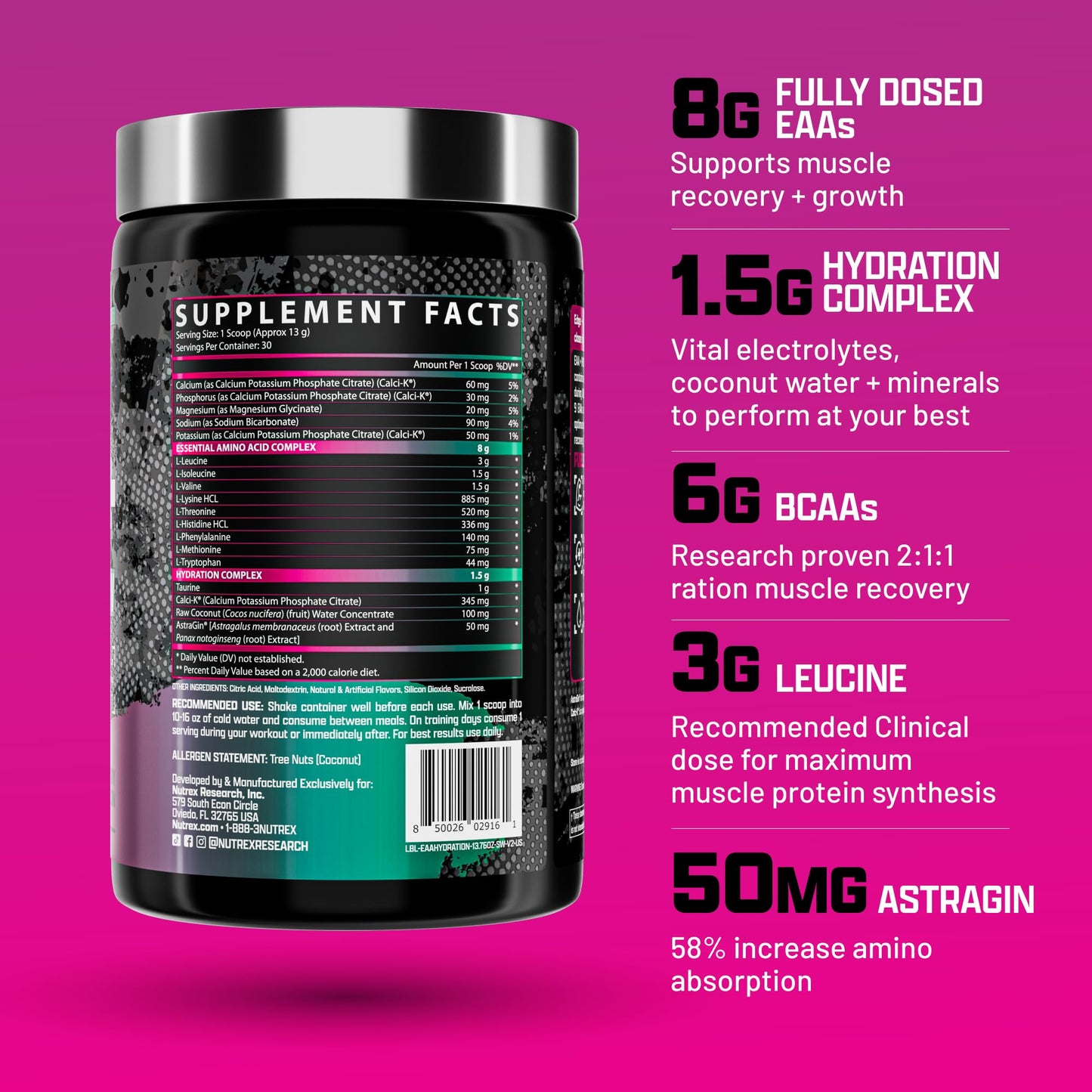 Nutrex Research EAA Hydration | EAAs + BCAA Powder | Muscle Recovery, Strength, Muscle Building, Endurance | 8G Essential Amino Acids + Electrolytes | Strawberry Watermelon 30 Serving - Medaid International