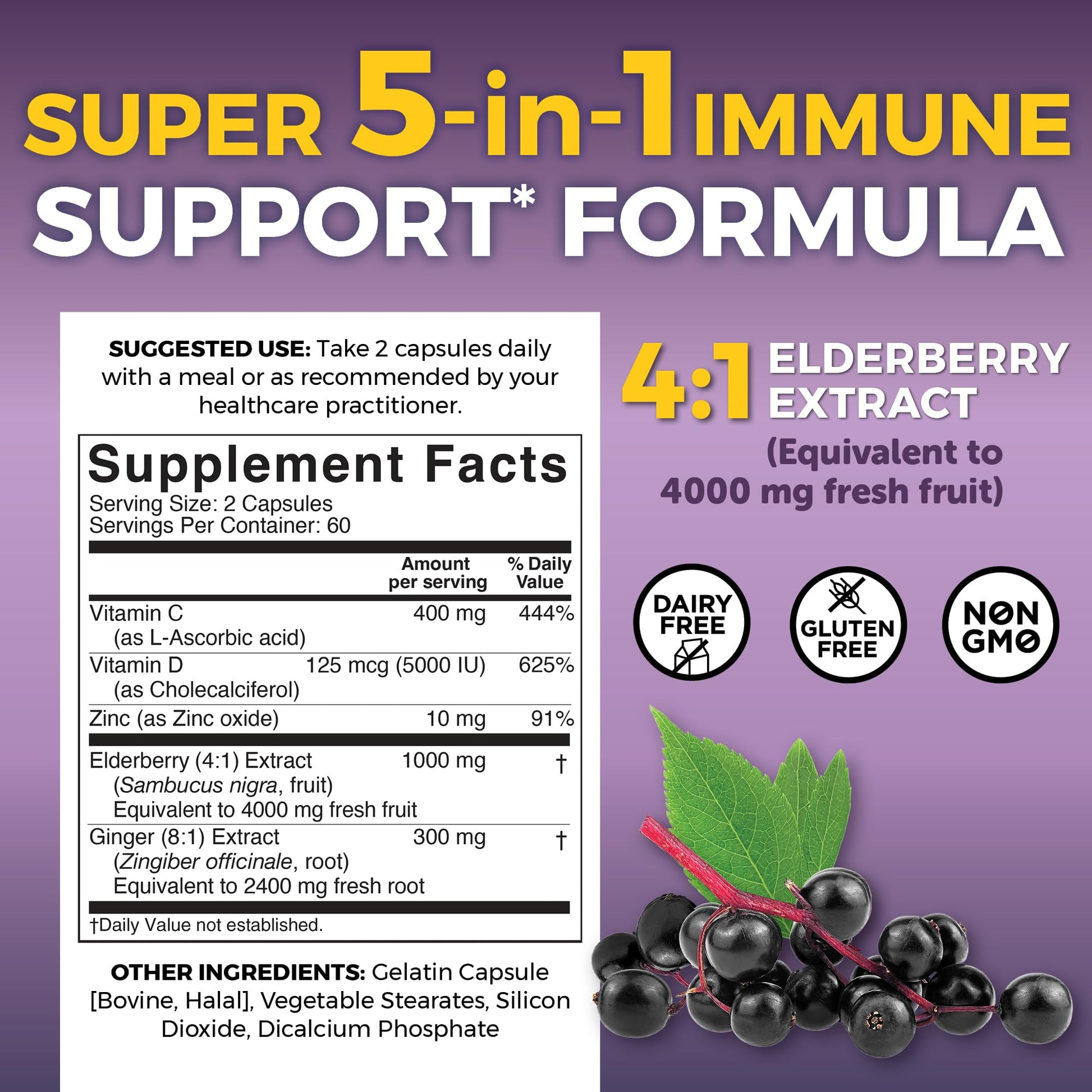 Viva Naturals Elderberry with Vitamin C and Zinc for Adults - 5 in 1 Sambucus Black Elderberry Capsules with Vitamin D3 5000 IU Immunity Supplement, Sambucus Elderberry Immune Support Supplement - Medaid International