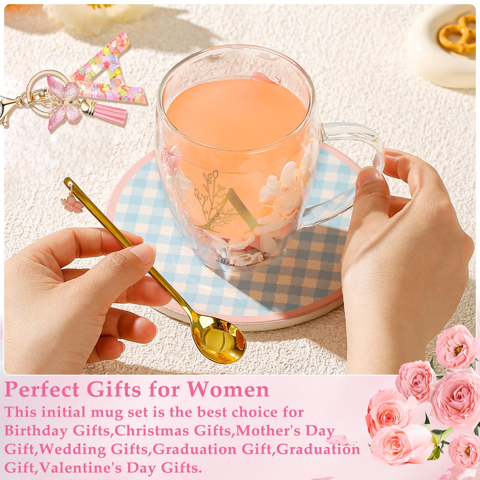 Personalized Gift for Women Cute Monogrammed Double Wall Glass Coffee Mug Tea Cup with Spoon Customized Birthday Valentine Mother's Day Christmas Gift for Mom Wife Friends Sister Coworker(Letter A) - Medaid International