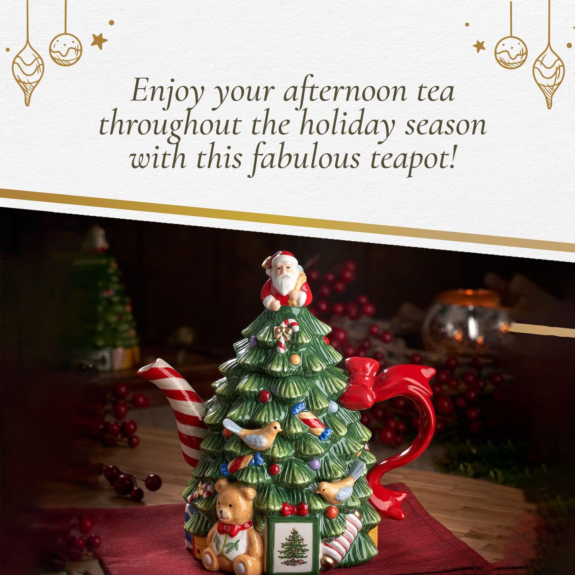 Spode Christmas Tree Figural Teapot - Festive 27 oz Christmas Teapot with Mistletoe Accents, Peppermint Stripe Spout, and Ribbon Handle - Decorative Dolomite Tea Pot for Holiday Tea Parties - Medaid International
