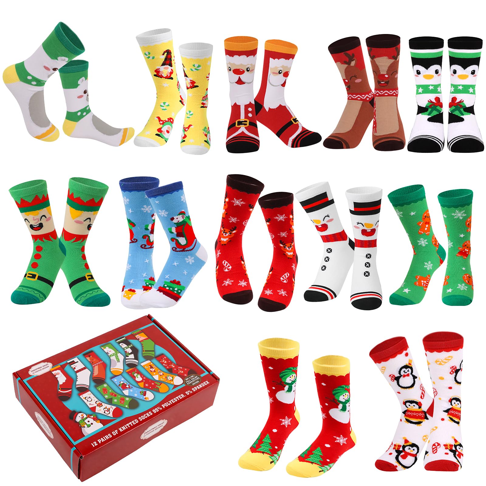 CCINEE 12 Pairs Christmas Holiday Socks Unisex, Festive Christmas Socks Bulk Novelty Cozy Cotton Sock for Adults Women Men Winter Xmas Holiday Gifts Stocking Stuffers - Medaid International
