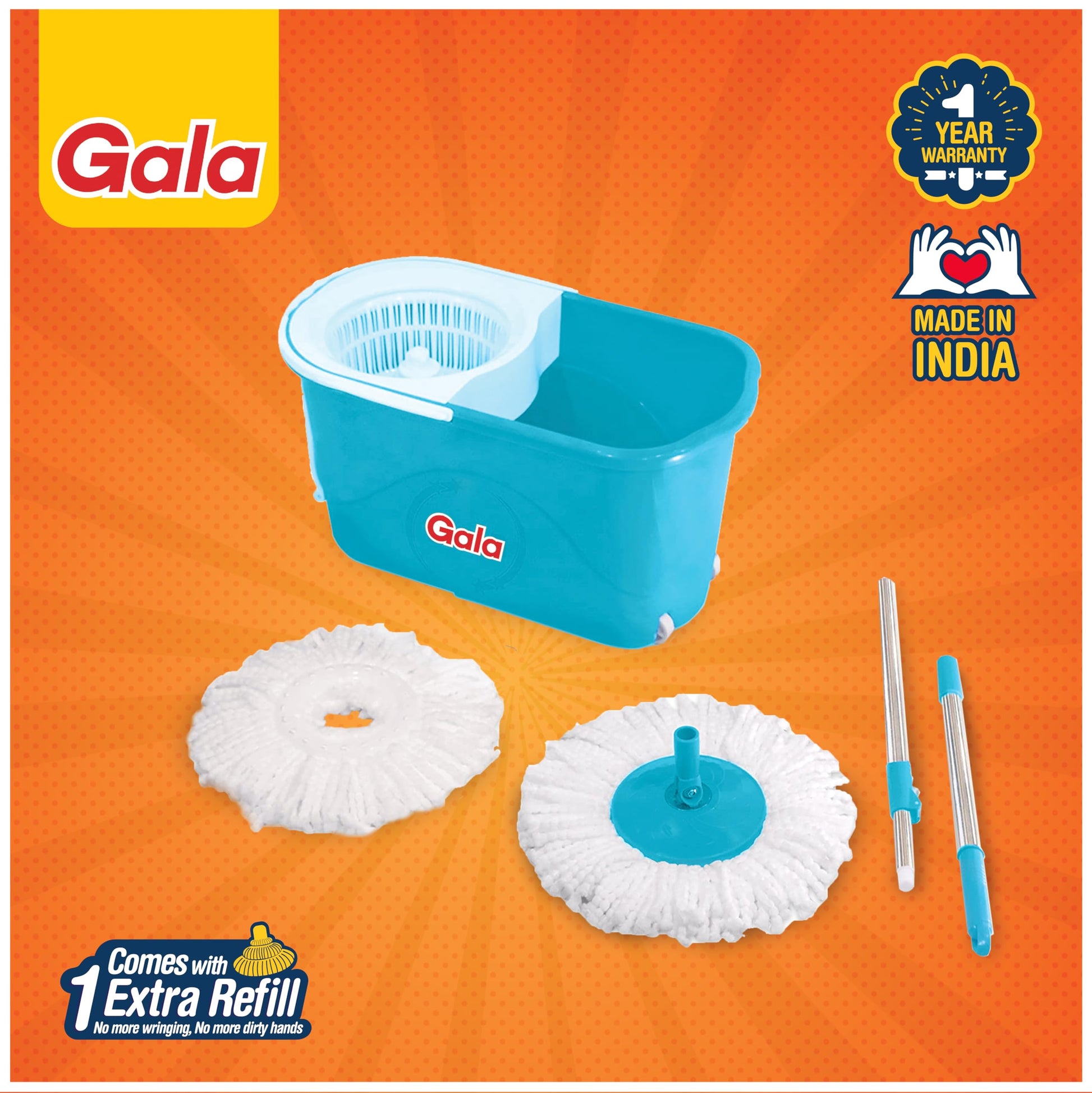 Gala e-Quick Spin Floor Cleaning Mop Set with 2 Microfiber Refills, Easy Wheels, Big Bucket & Wringer for Home, Household Cleaner Accessories (White & Blue) - Medaid International
