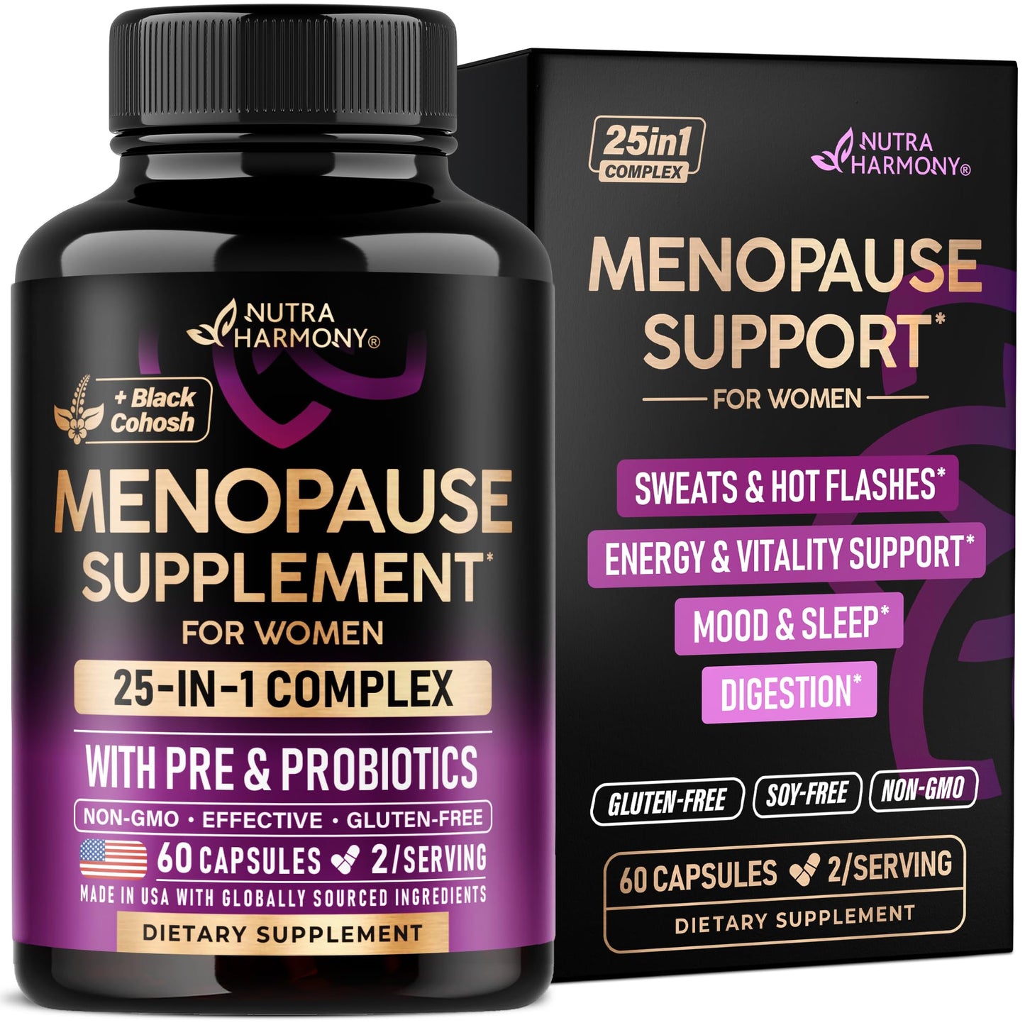 Menopause Supplements for Women - Dong Quai, Black Cohosh, Pre & Probiotics - Sweats & Hot Flashes Relief - Digestion, Sleep & Mood Support - 25-in-1 Perimenopause Complex - Made in USA - 60 Capsules - Medaid International