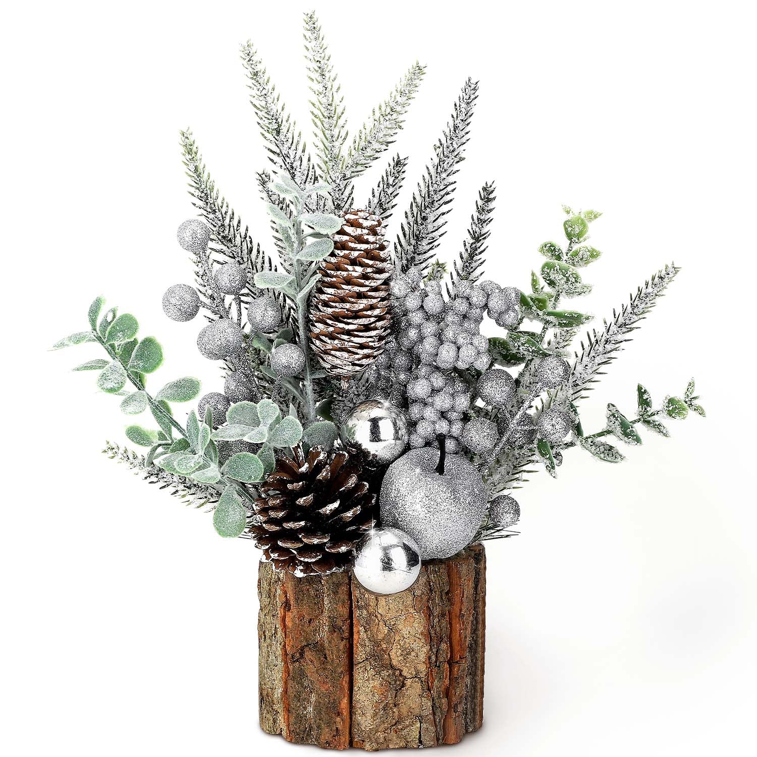 Small Christmas Tree Tabletop Artificial Mini Christmas Tree Decorations with Holiday Ornaments Red Berry Pine Cone Greenery for Home Indoor Fireplace Mantel Xmas Decor (Tree Stump-Silver) - Medaid International
