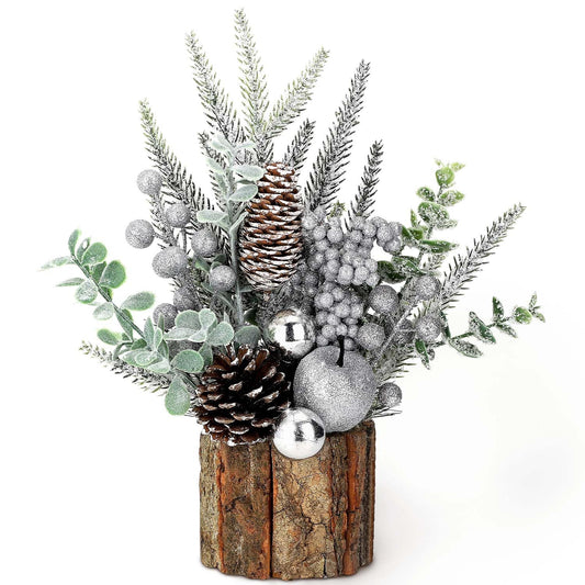 Small Christmas Tree Tabletop Artificial Mini Christmas Tree Decorations with Holiday Ornaments Red Berry Pine Cone Greenery for Home Indoor Fireplace Mantel Xmas Decor (Tree Stump-Silver) - Medaid International