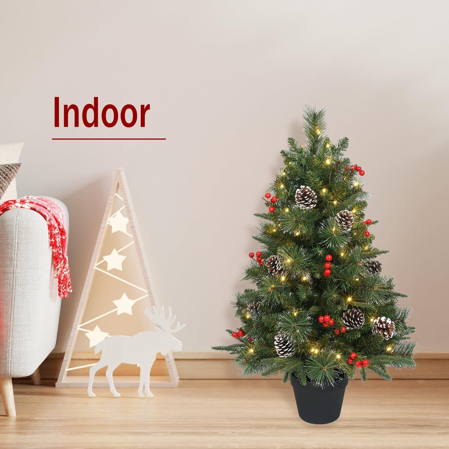3Ft Pre-Lit Artificial Christmas Tree Tabletop with Battery Operated 70 Warm LED Red Berries Pine Cone Pine Needle, Greenery Potted Christmas Tree for Indoor, Porch, Outdoor - Medaid International