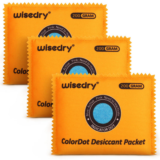 wisedry 200g [3 Packs] Rechargeable Large Desiccant Packs for Storage, Color Indicating Silica Gel Desiccant Packets, Reusable Moisture Absorbers Bags for Clothes, Suitcase, Gun Safe, Tool Box - Medaid International