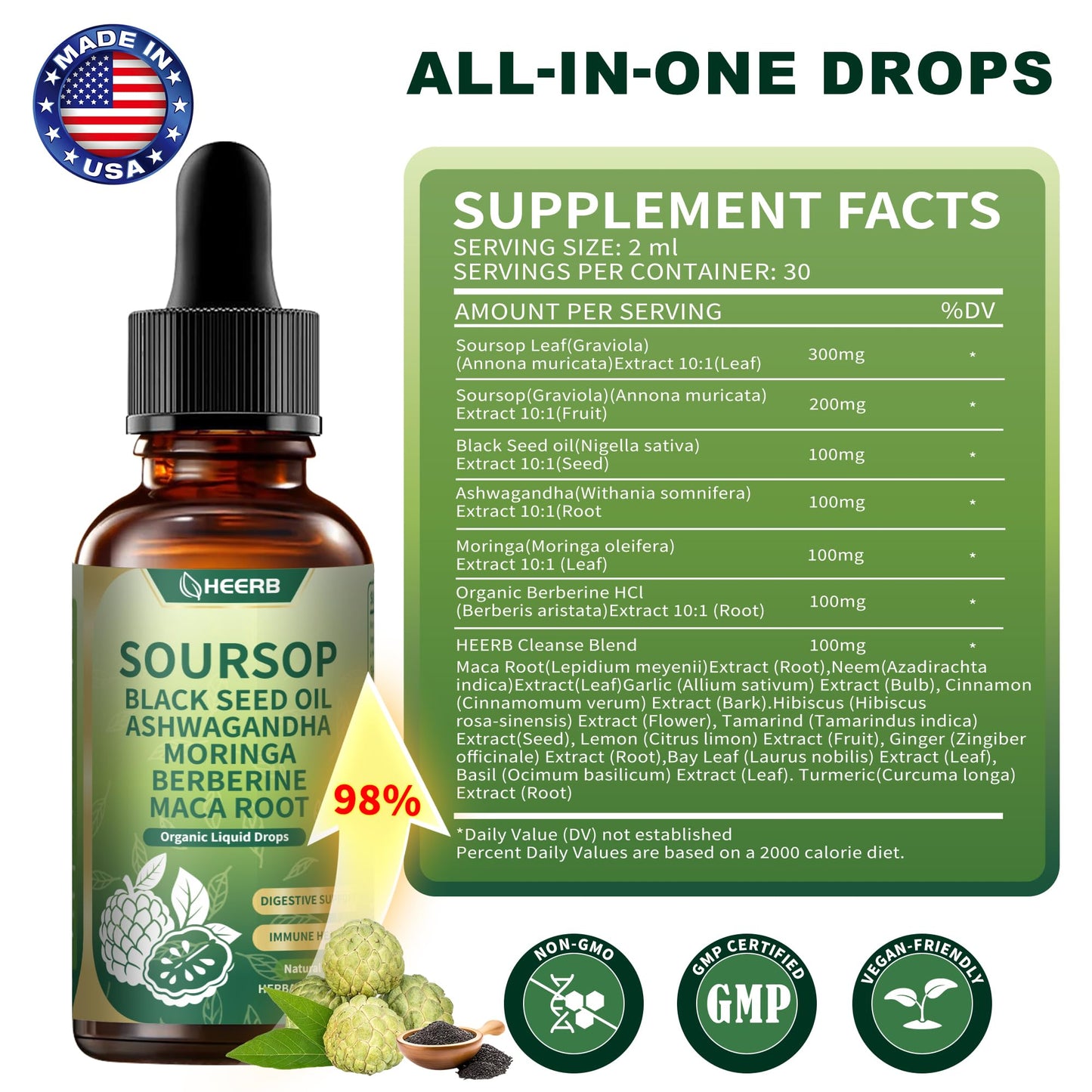 HEERB Organic Soursop Bitters Liquid – 4 Steps Detox Blend with Black Seed Oil, Ashwagandha, Moringa, Berberine, Maca Root | Pure Soursop Drops Supports Digestion, Energy & Overall Wellness (4 Fl Oz) - Medaid International