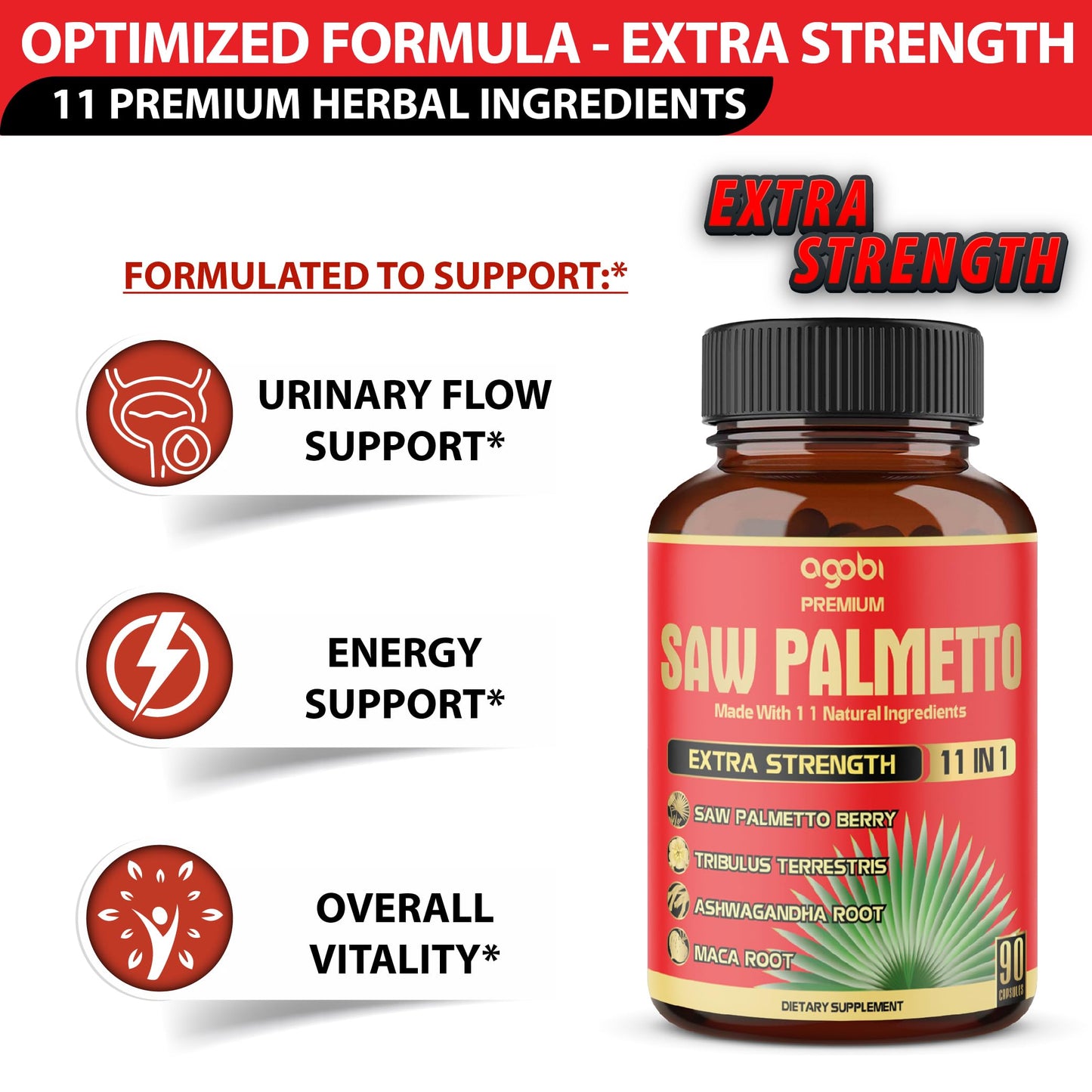 Premium Saw Palmetto Capsules - Combined with Ashwagandha, Turmeric, Tribulus, Maca, Green Tea, Ginger, Holy Basil & More - 90 Capsules 3-Month Supply - Medaid International