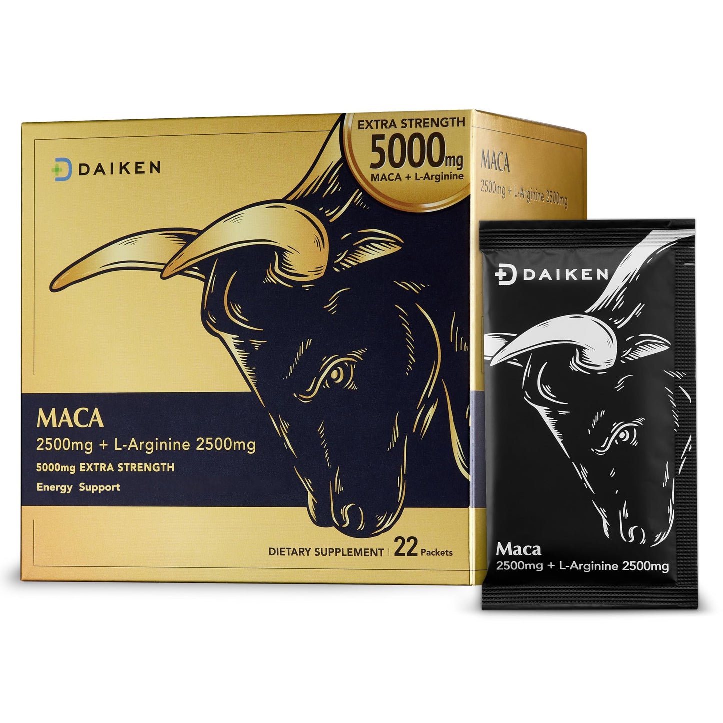 DAIKEN Peruvian Maca Root Powder Extra Strength 15,000 mg, Gelatinized Black, Red, Yellow Maca Blend with L-Arginine (2,500 mg) for Men and Women, Superior Absorption, Vegan, Lab Tested - 22 Packets - Medaid International