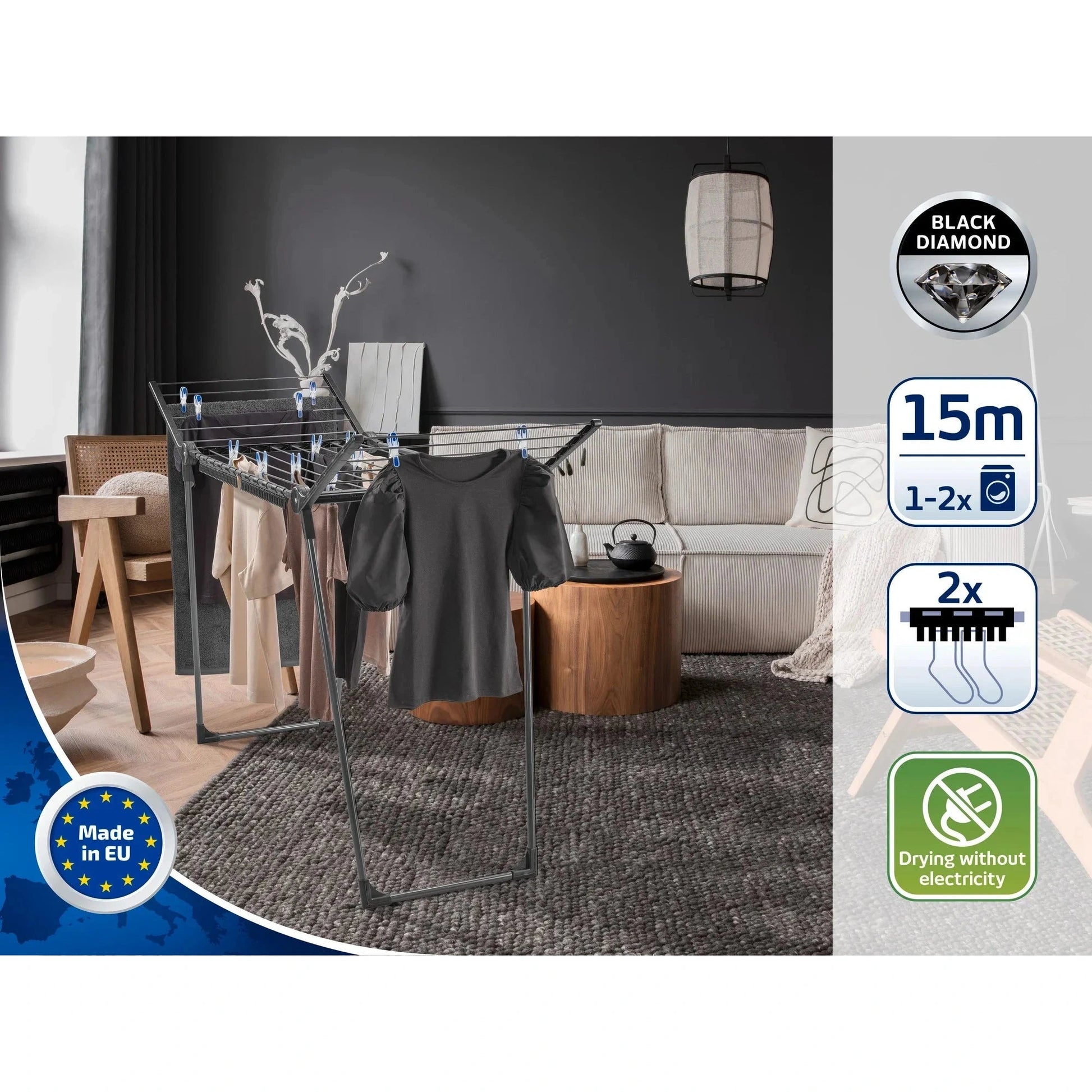 Pegasus 150 Solid Slim Black Clothes Airer - Medaid International