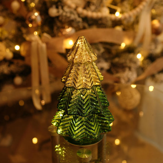 Green Mercury Glass Christmas Tree for Home Decor, Christmas Table Decorations Lighted Xmas Tree with Timer for Living Room Mantel Tabletop Party-8" H - Medaid International