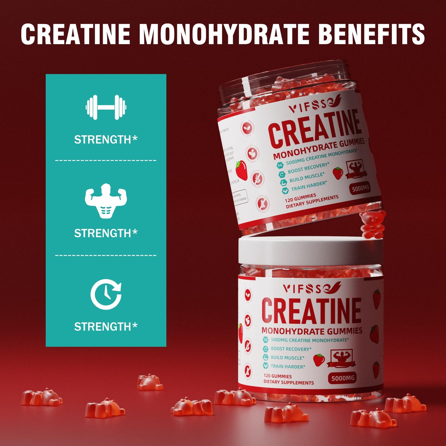VIFSSG Creatine Monohydrate Gummies 5 g for Men & Women, 120 Sugar Free Gummies with 200 Mg Magnesium Glycinate, 200 Mg L-Threonate for Muscle Support, Energy Boost - Medaid International