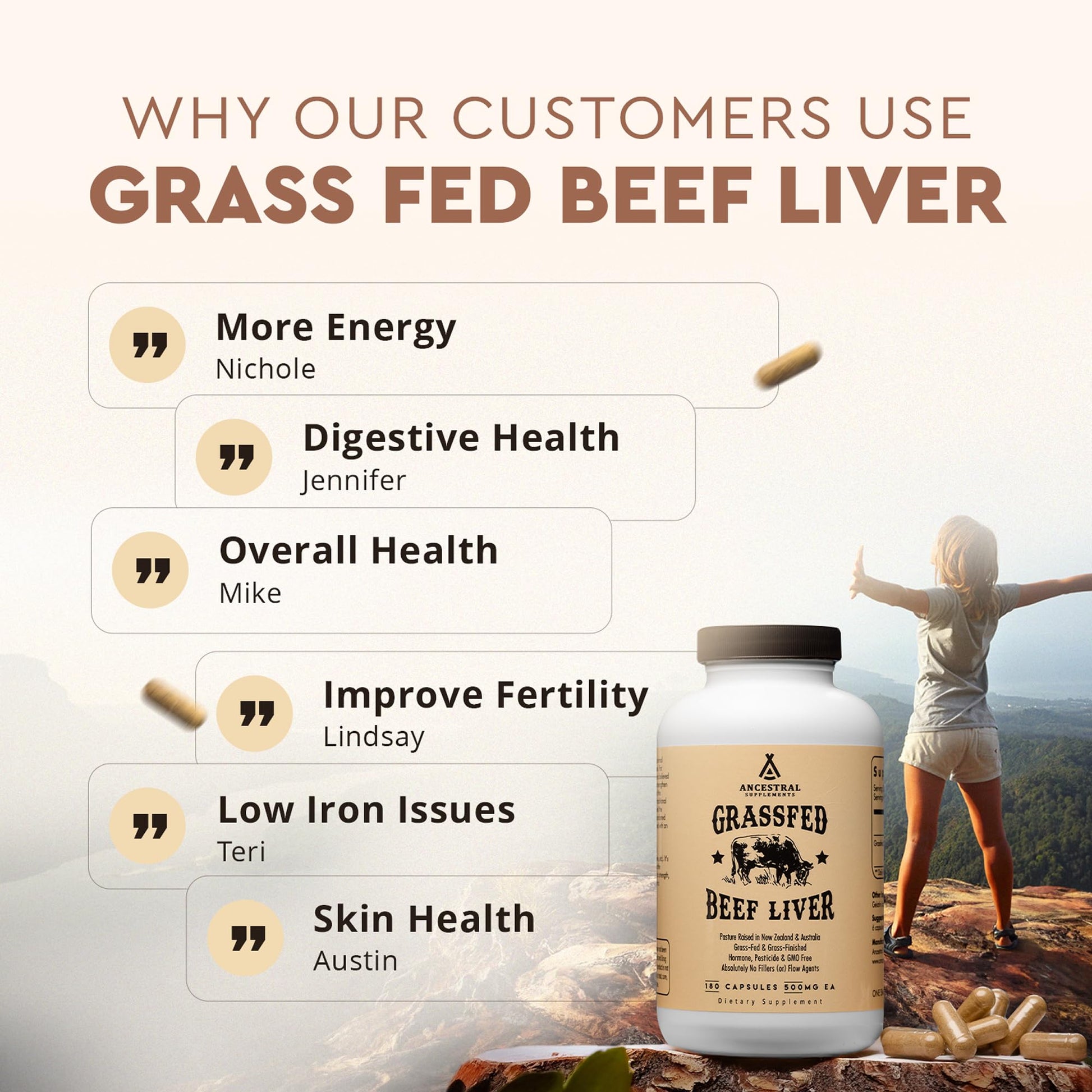 Ancestral Supplements Grass Fed Beef Liver 180 Capsules, Supports Energy Production, Detoxification, Digestion, Immunity and Full Body Wellness, Non-GMO, Freeze Dried Liver Health Supplement - Medaid International