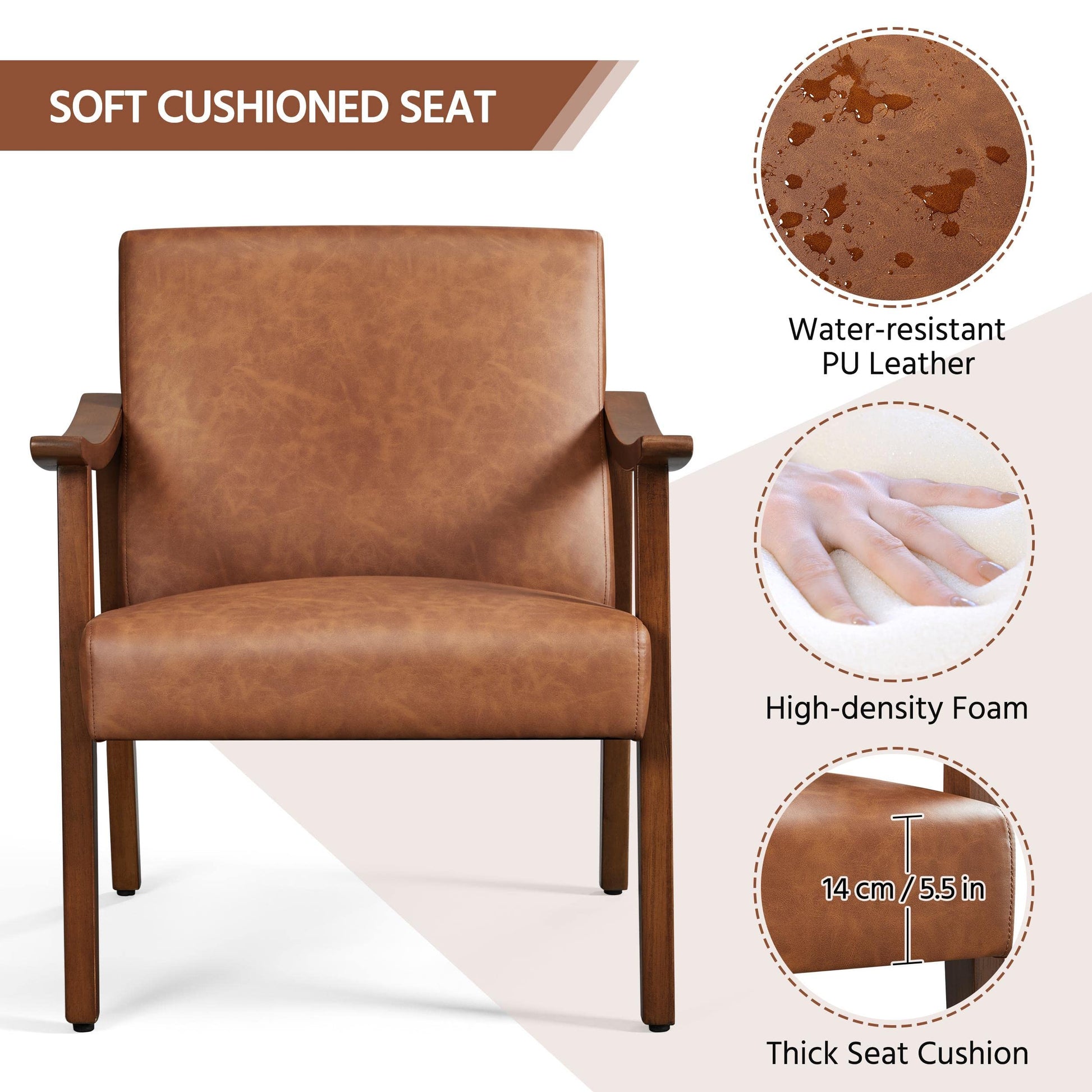 Yaheetech PU Leather Accent Chair, Mid-Century Modern Armchair with Solid Wood Legs, Reading Leisure Chair with High Back for Living Room Bedroom Waiting Room, Brown - Medaid International