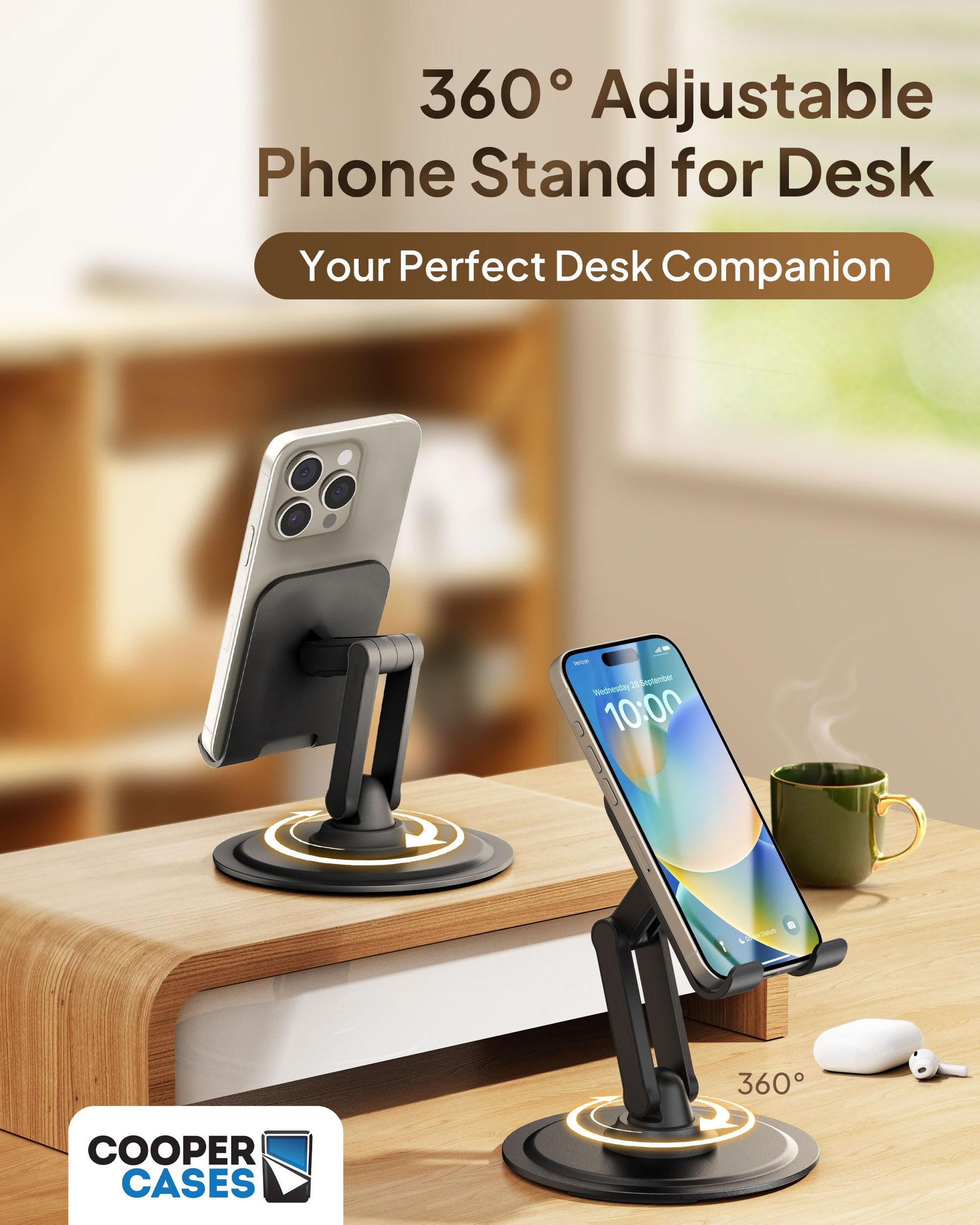 COOPER 360° Stand, Rotating Cell Phone Stand for Desk | Sturdy Metal Base, Foldable, Portable | Cell Phone Holder for Desk (Piano Black) - Medaid International