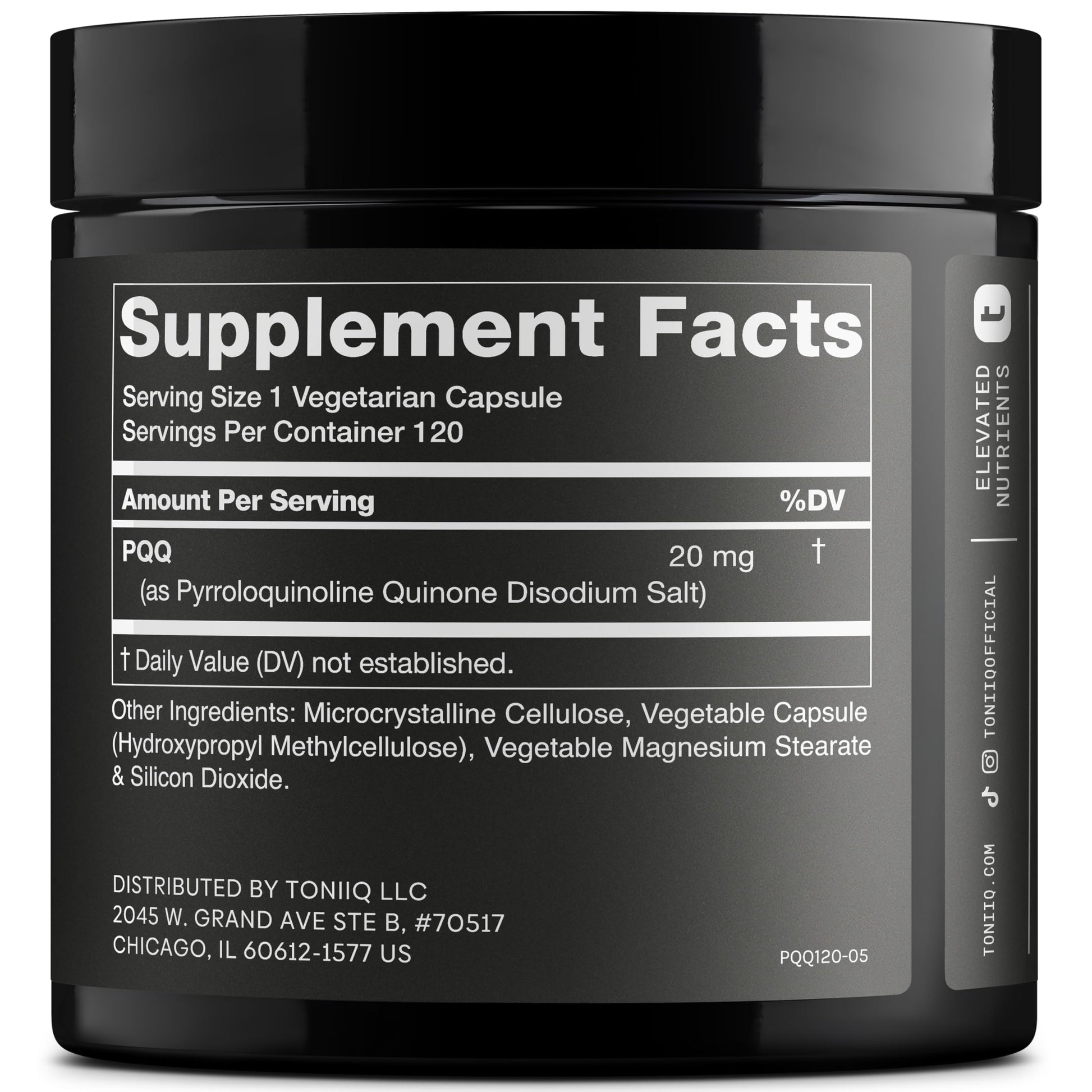 Toniiq 99%+ 20mg Supplement - Ultra High Purity PQQ 20mg Concentrated Formula - PQQ 20 mg 120 Capsules - Pyrroloquinoline Quinone Supplement - 1 Capsule Serving - Vegetarian Capsules - Medaid International