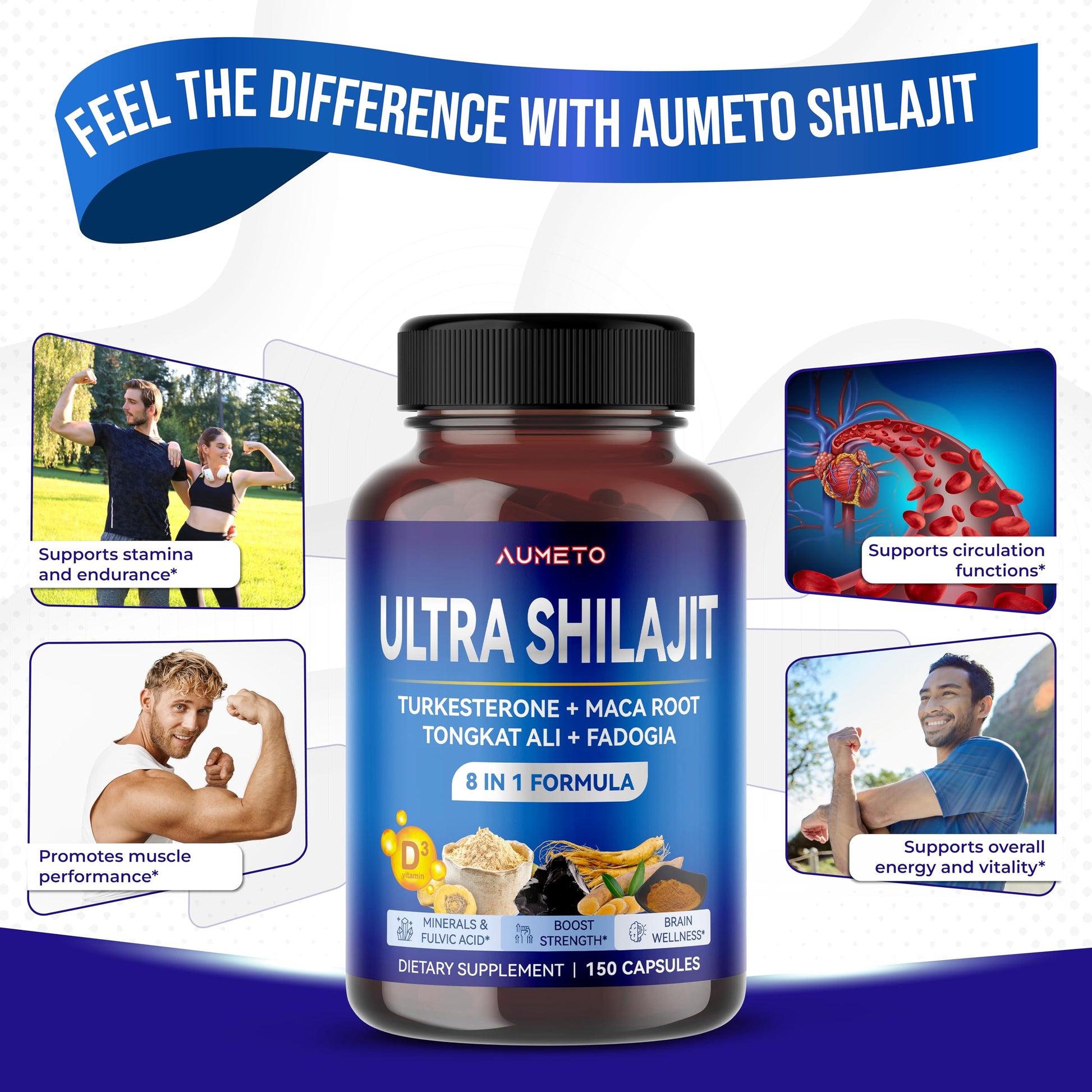 AUMETO Himalayan Shilajit Supplement - Enhanced Formula with Turkesterone, Maca Root, Tongkat Ali, Fadogia - Rich in Trace Minerals & Fulvic Acid for Male Vitality - Medaid International