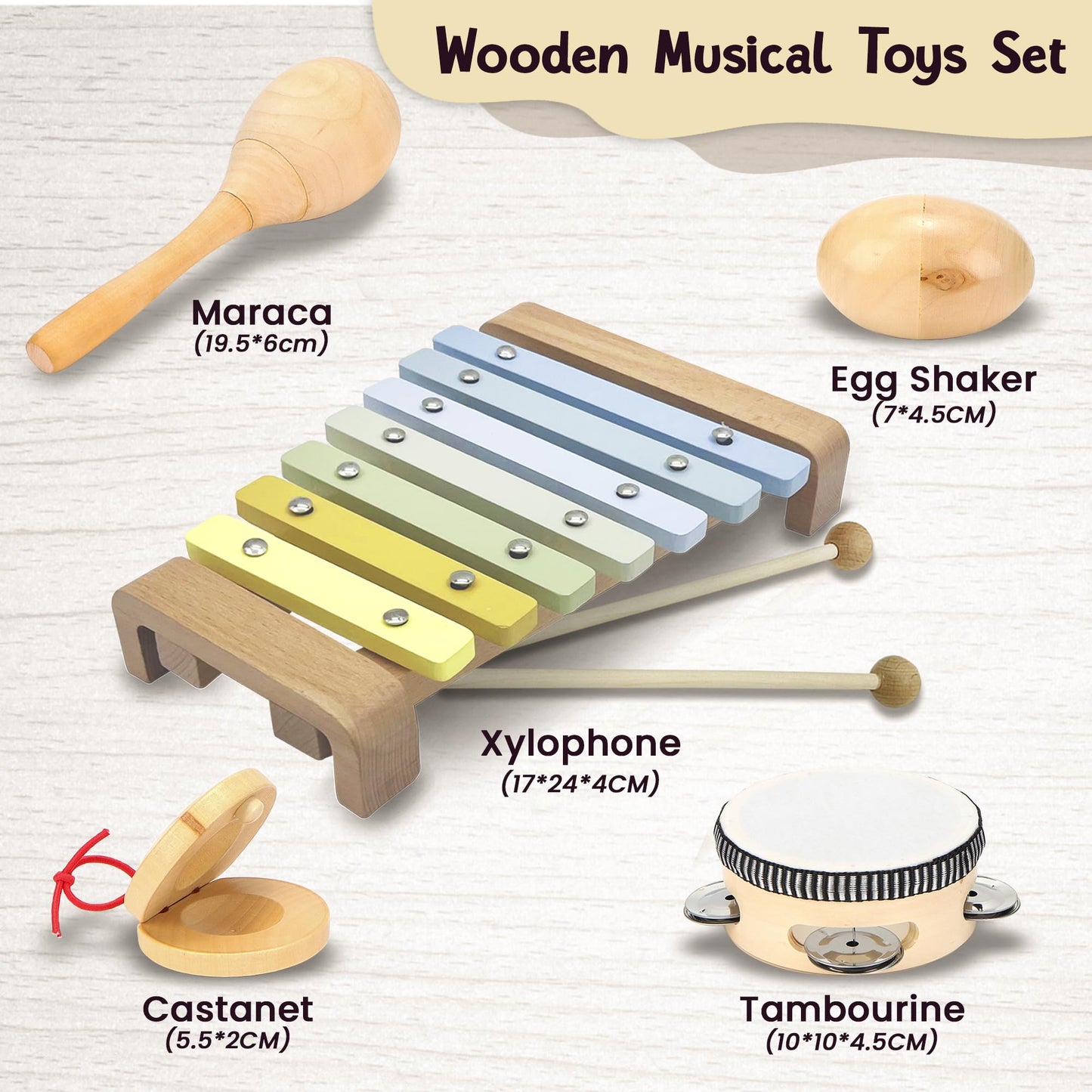 Natural Wood Baby Toys - Musical Toys for Toddlers 1-3: Toddler Musical Instruments Set of 5 in 1, with a Tambourine, Egg Shaker, Castanet, Maracas and Xylophone for Kids at All Ages - Medaid International