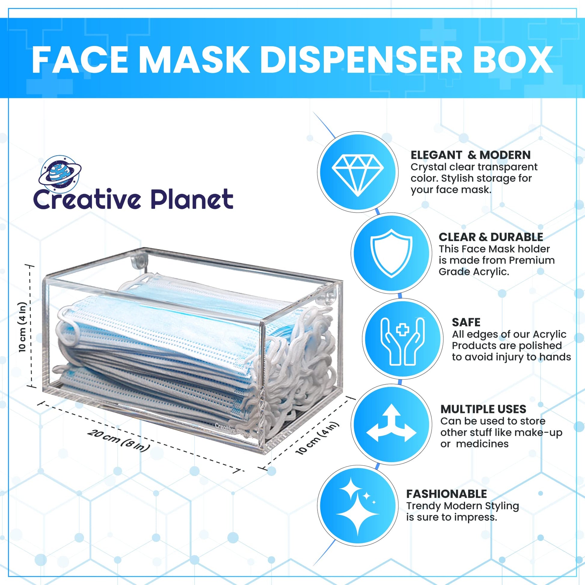 Creative Planet - Mask Dispenser, Hygienic Acrylic Mask Holder and Storage Box, High Clarity Mask Case for Home Office Car, Transparent Acrylic Container - Medaid International