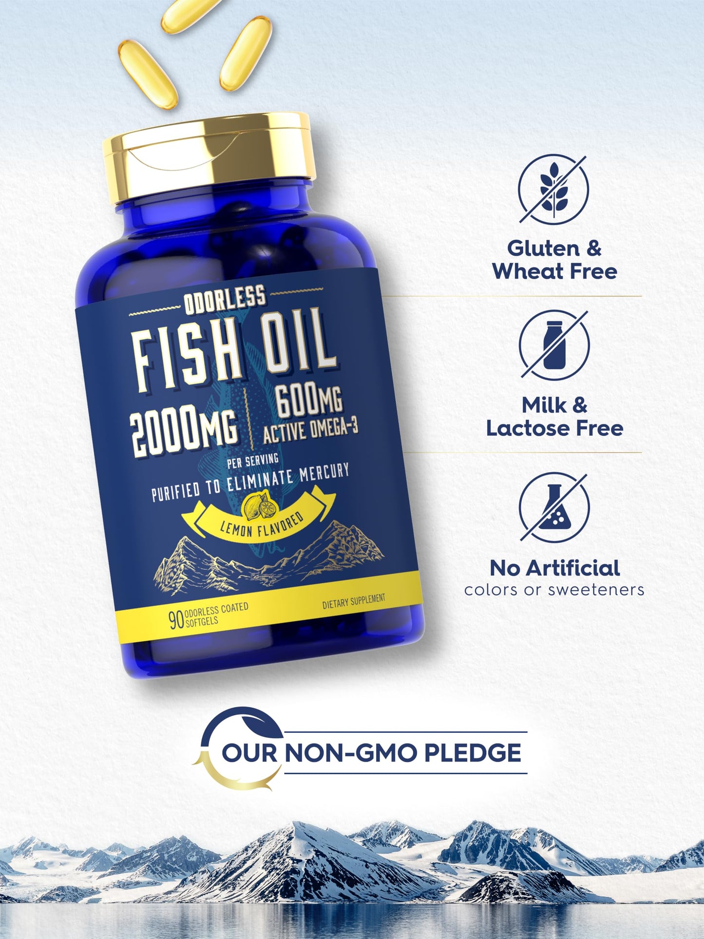 Carlyle Fish Oil 2000mg | 600mg Omega 3 Supplement for Men & Women | 90 Odorless Softgels | Lemon Flavored | Non-GMO and Gluten Free - Medaid International