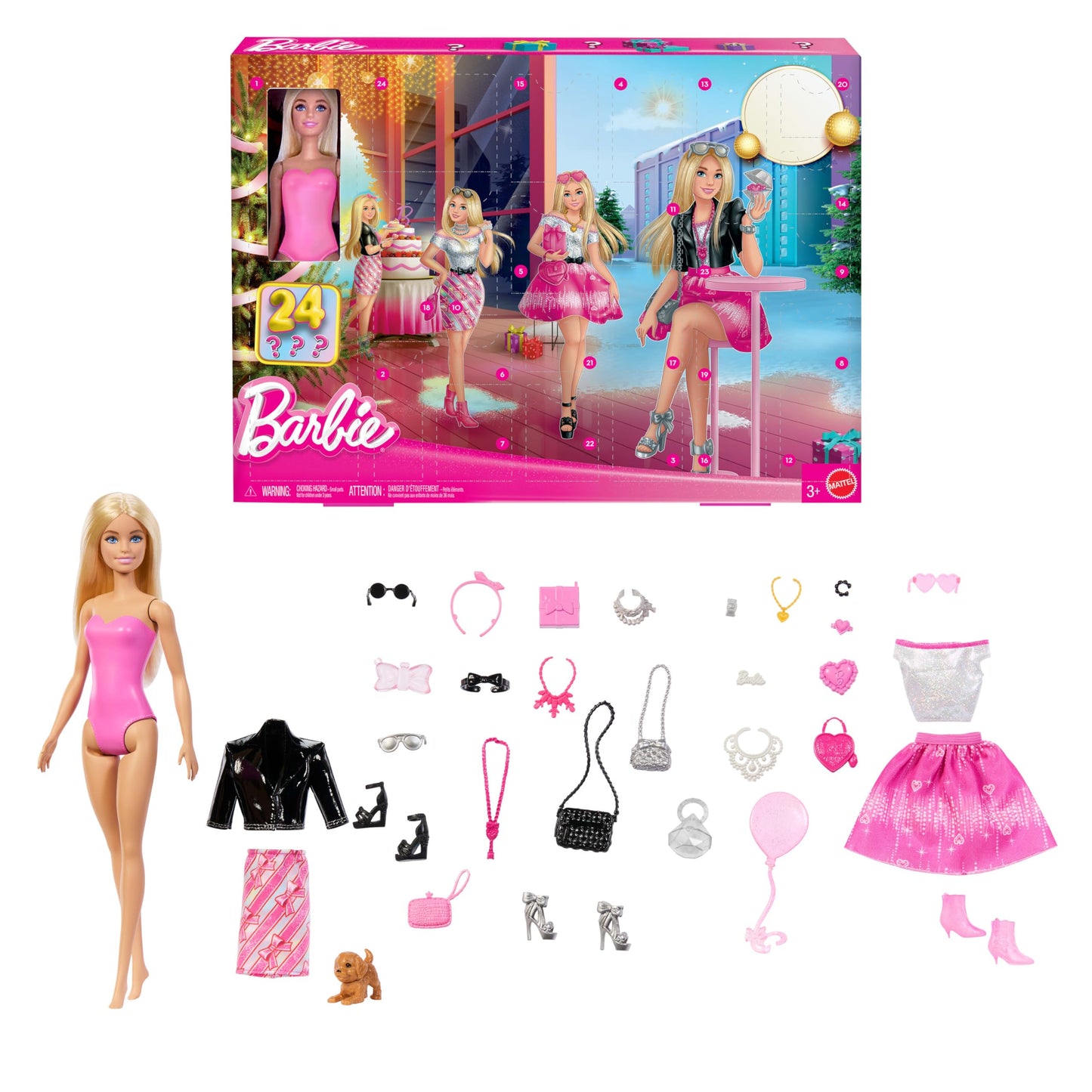 Barbie Doll Holiday Advent Calendar with 24 Clothing and Accessory Surprises Including Jacket, Skirt, Shoes, Purses, and a Pet Puppy, Blonde Doll - Medaid International