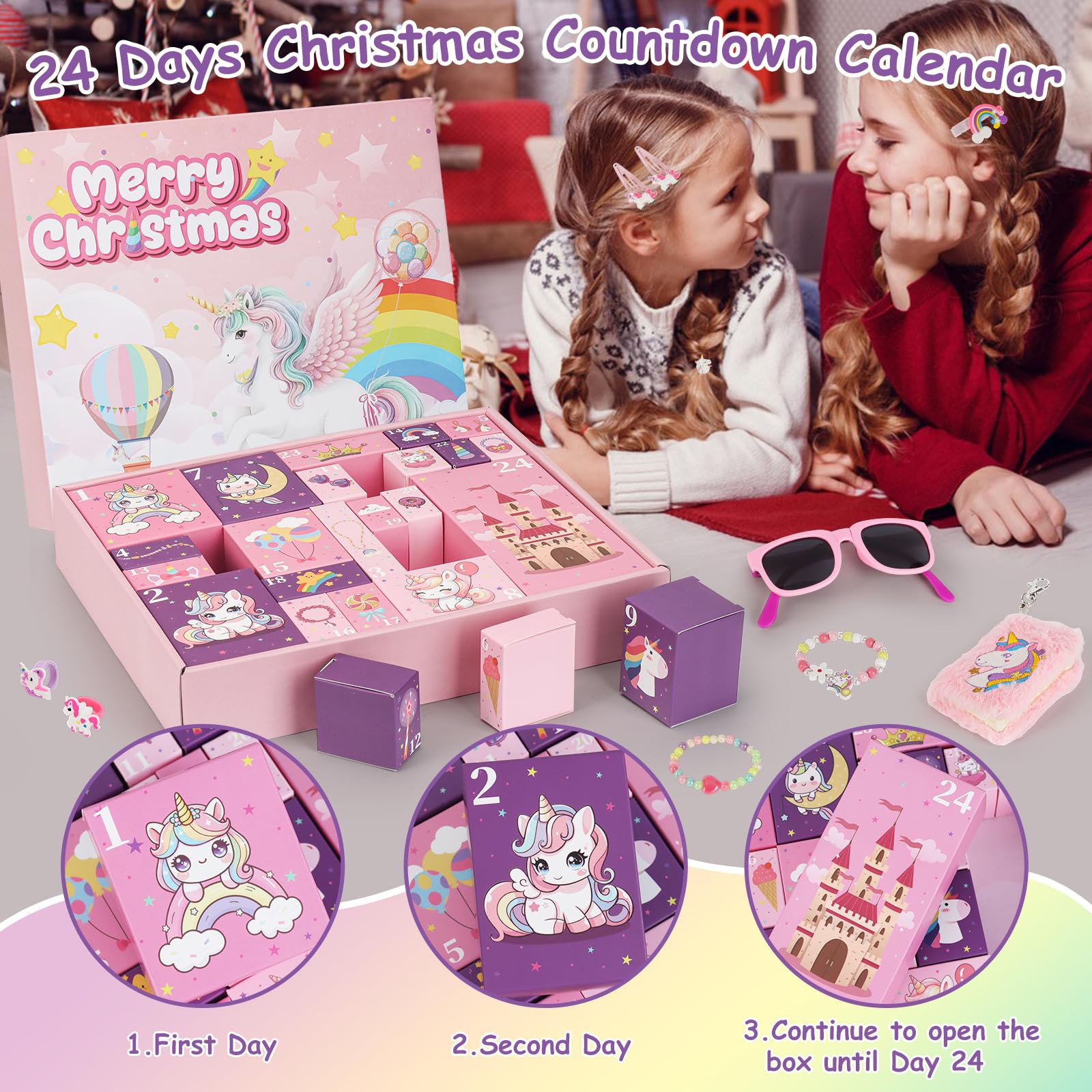 Advent Calendar 2025 Girls - 24 Days Christmas Countdown Calendar Unicorn Kit Xmas Gifts for Toddlers, Countdown Calendar Surprises Gifts for Daughter and Granddaughters, Xmas Makeup Gifts (Unicorn) - Medaid International
